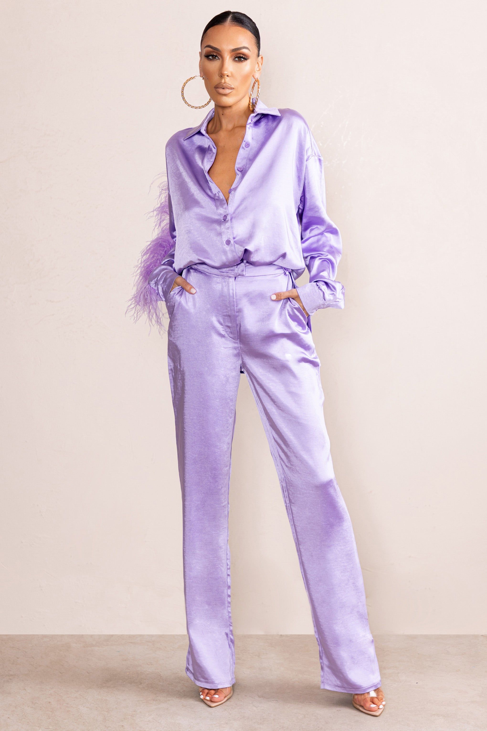 Evening Memories | Lilac Satin Wide Leg Trousers sold by Club L London product image thumbnail 5