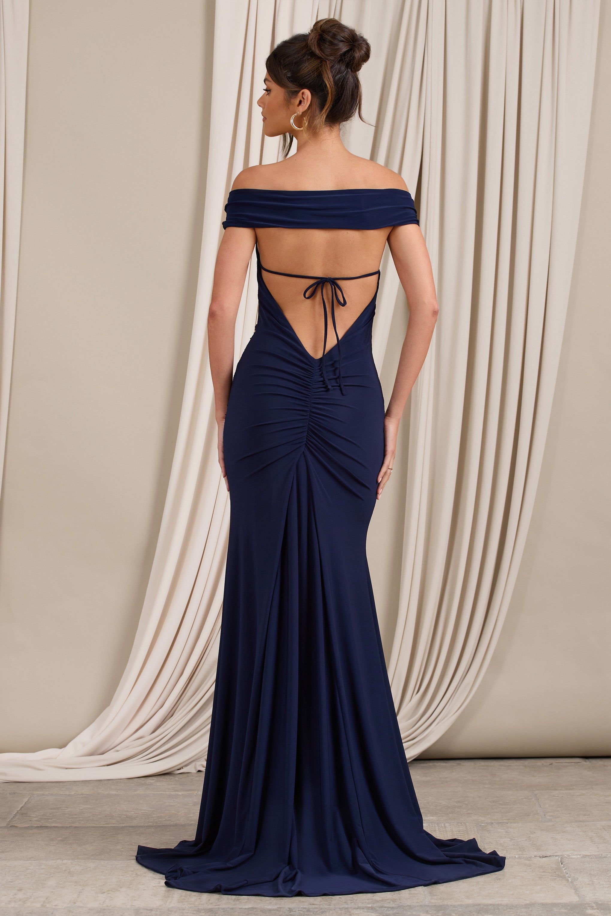 Harmony | Navy Ruched Bardot Split Fishtail Maxi Dress sold by Club L London product image thumbnail 2