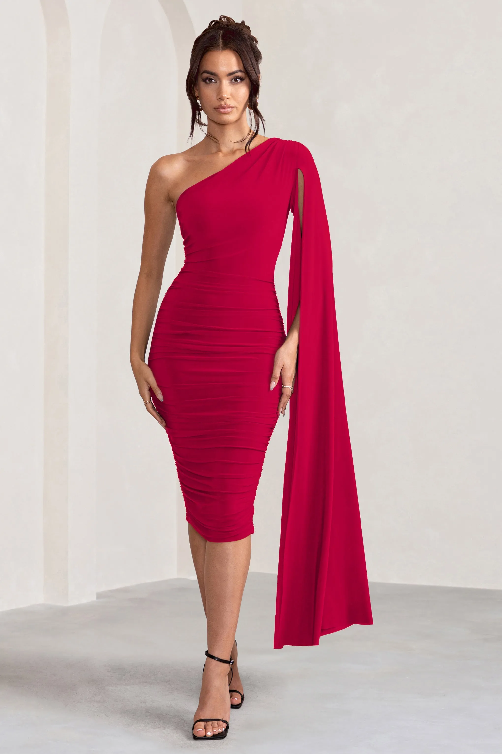 Yara | Red One Shoulder Cape Ruched Midi Dress sold by Club L London product image thumbnail 5