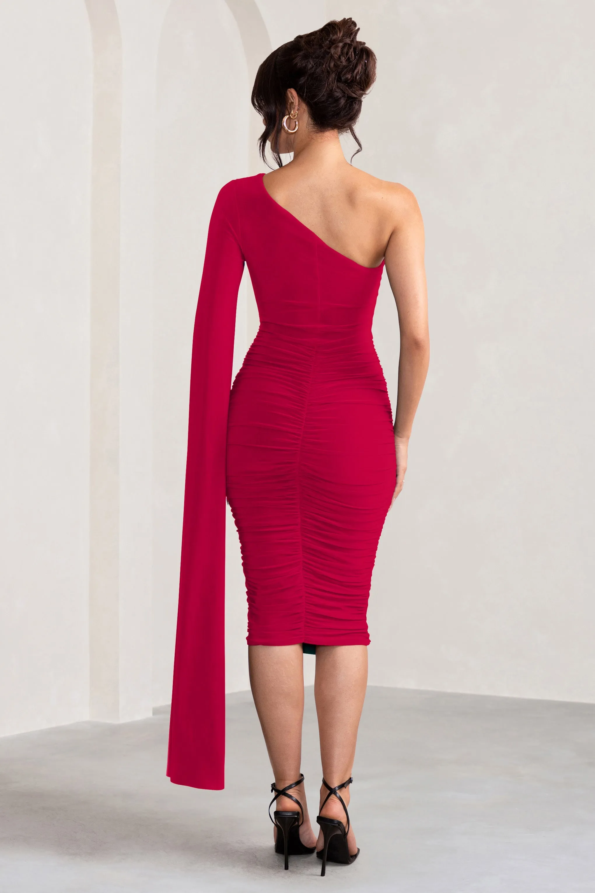 Yara | Red One Shoulder Cape Ruched Midi Dress sold by Club L London product image thumbnail 2
