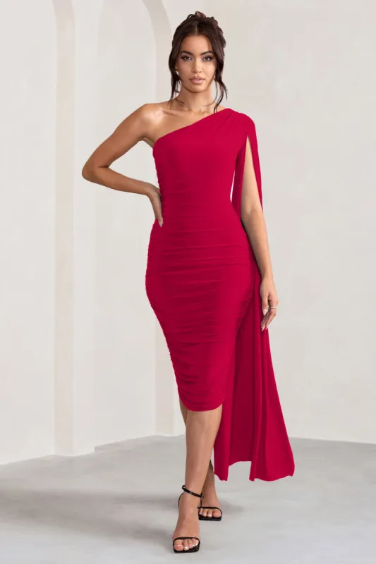 Yara | Red One Shoulder Cape Ruched Midi Dress sold by Club L London
