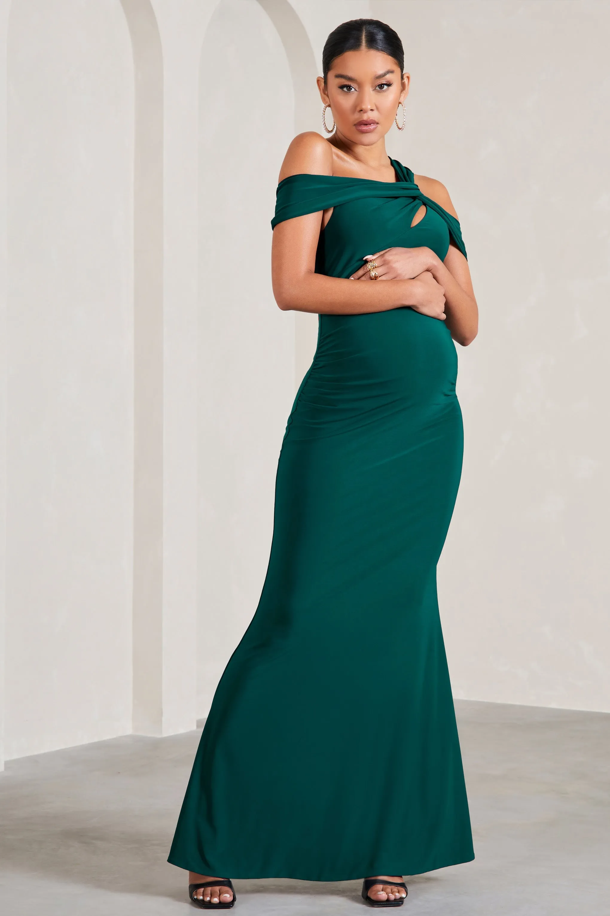 Captivating | Bottle Green Strappy Asymmetric Cut-Out Maternity Maxi Dress sold by Club L London product image thumbnail 4