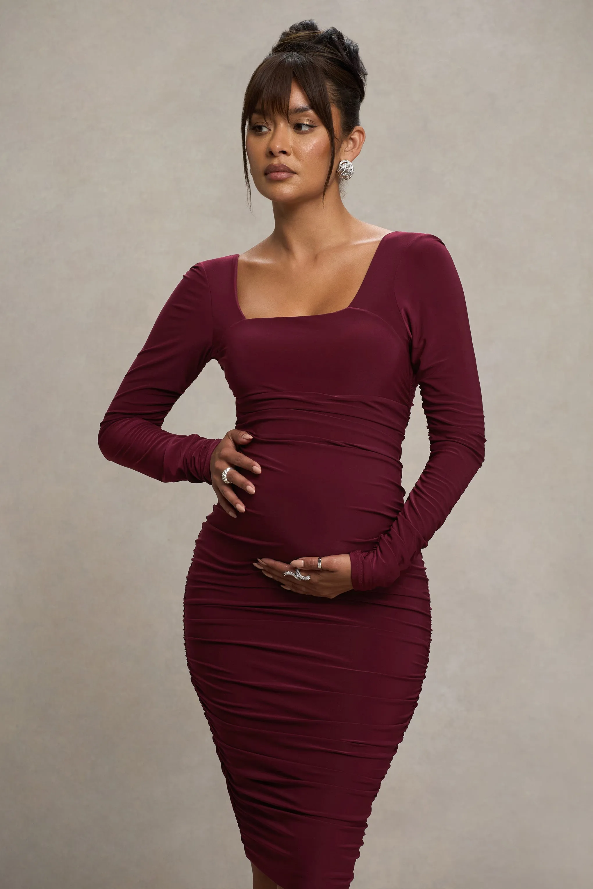 New Life | Burgundy Maternity Square Neck Ruched Midi Dress sold by Club L London product image thumbnail 3