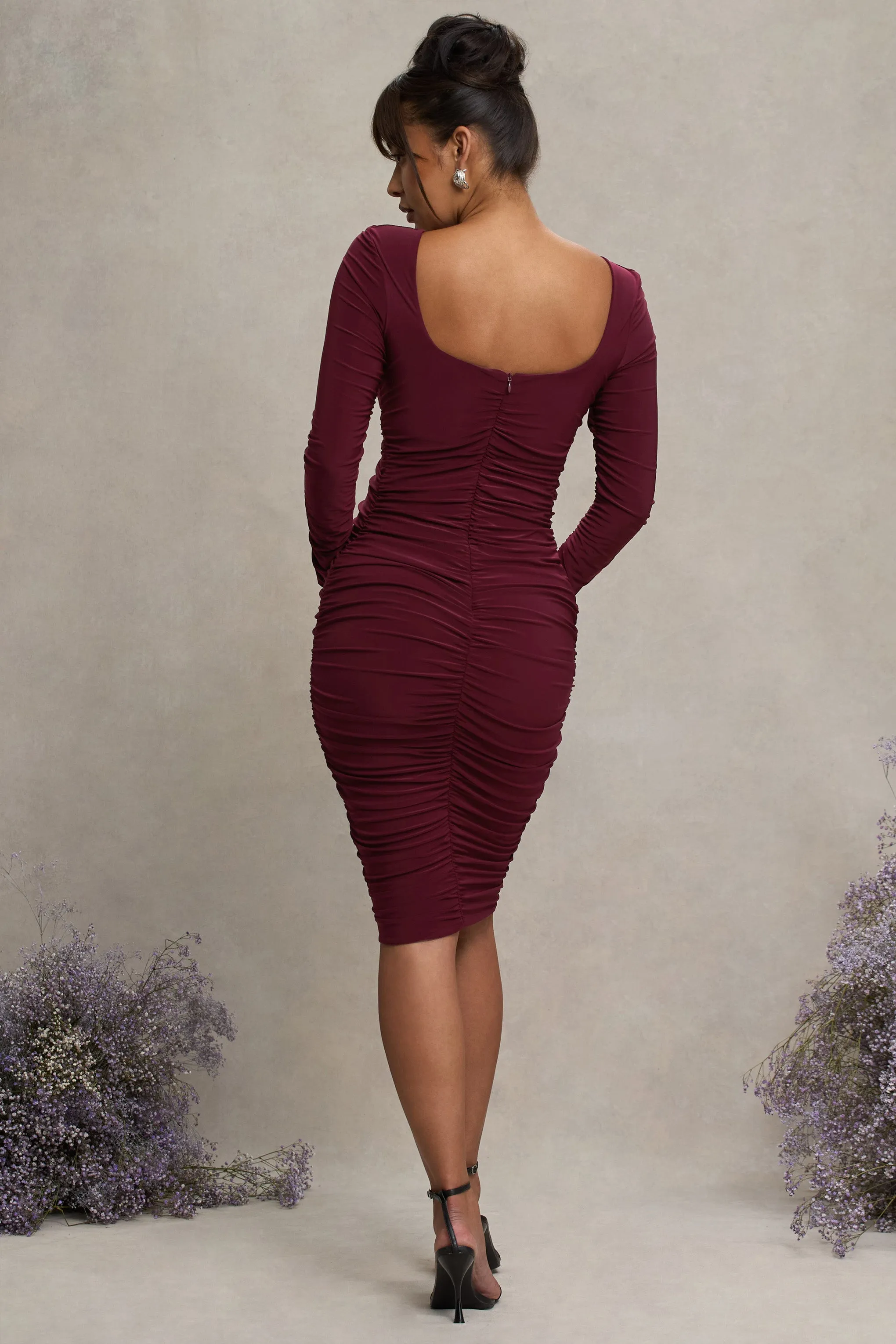 New Life | Burgundy Maternity Square Neck Ruched Midi Dress sold by Club L London product image thumbnail 2