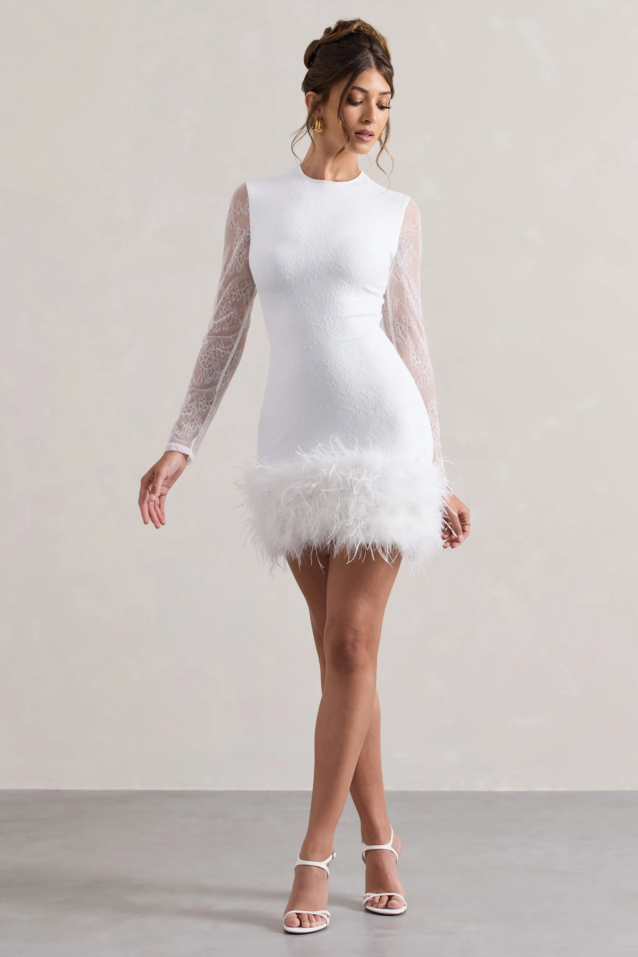 Mariana | White Lace Long-Sleeve Mini Dress With Feather Trim sold by Club L London