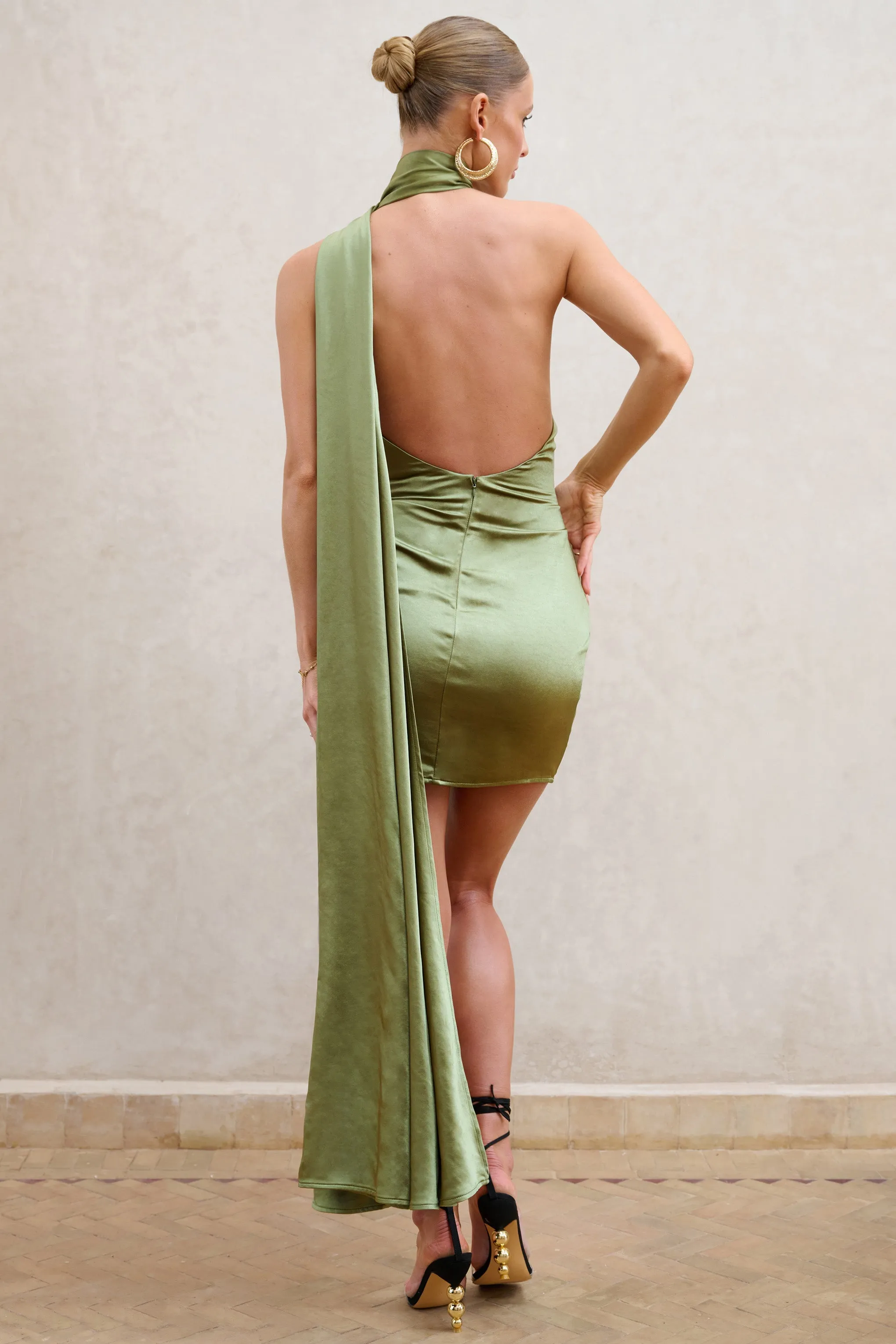 Nasira | Olive Asymmetric Neck Open Back Mini Dress With Scarf Detail sold by Club L London product image thumbnail 2