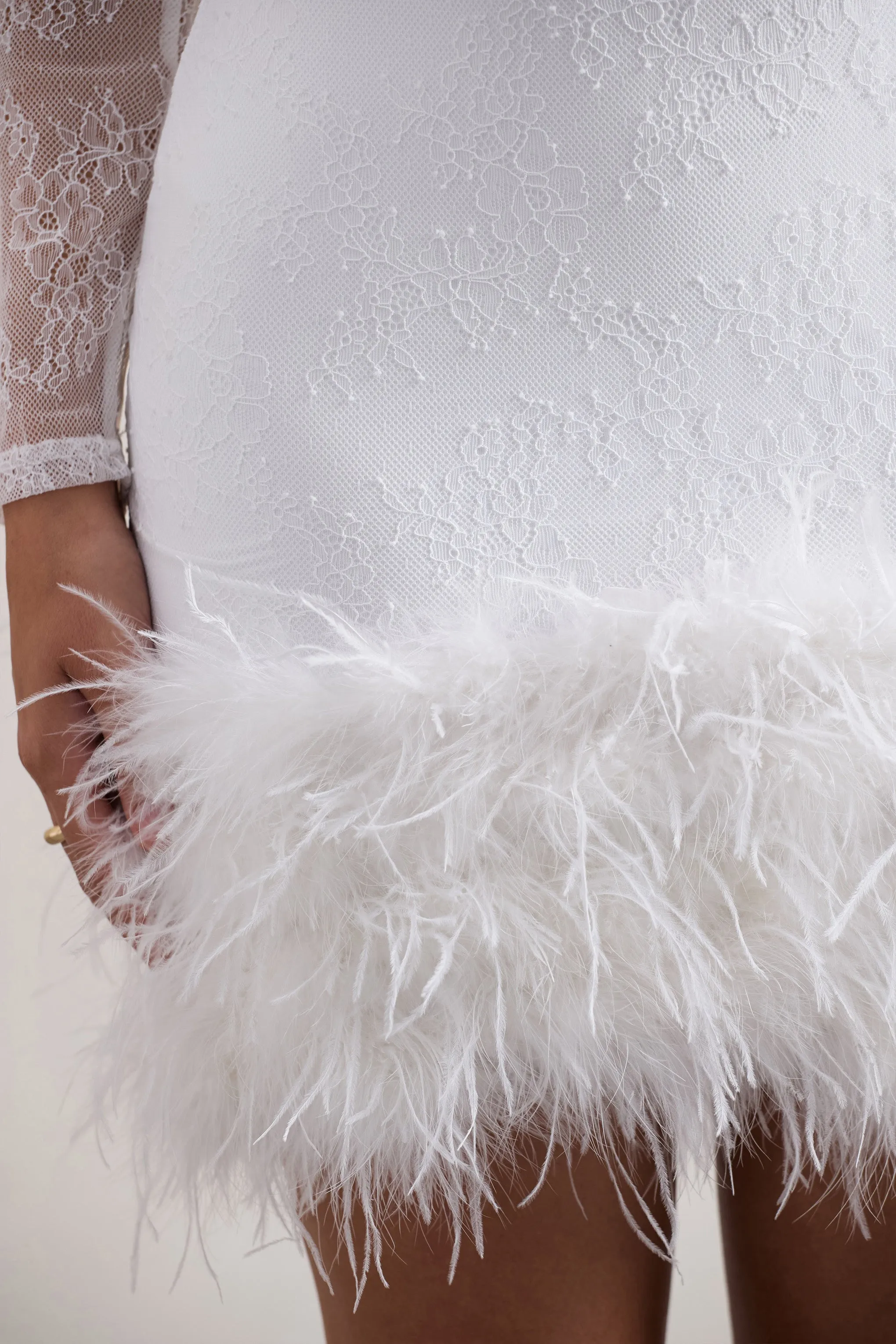Mariana | White Lace Long-Sleeve Mini Dress With Feather Trim sold by Club L London product image thumbnail 3