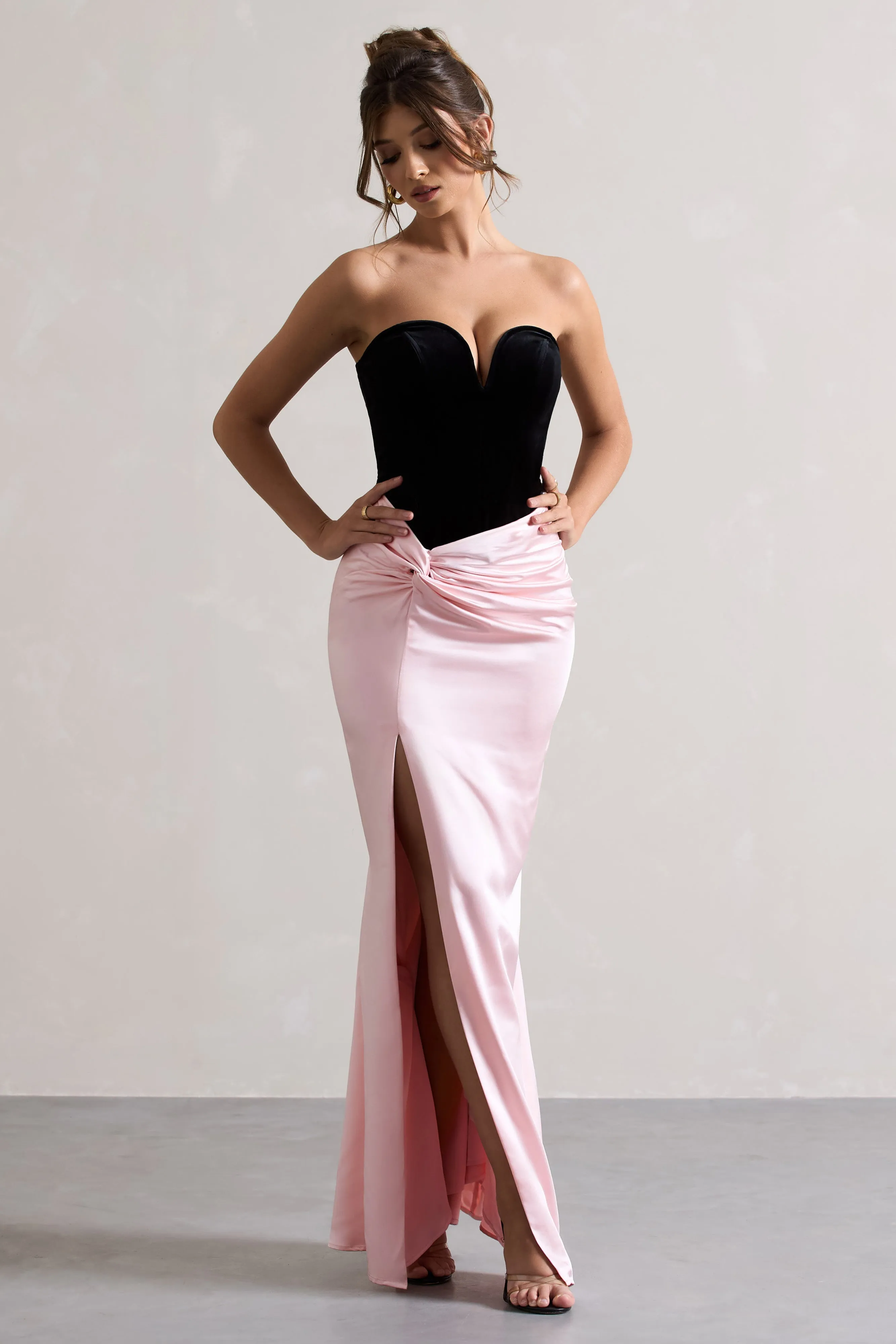 Bethany | Black & Pink Corseted Wrap Maxi Dress sold by Club L London product image thumbnail 4