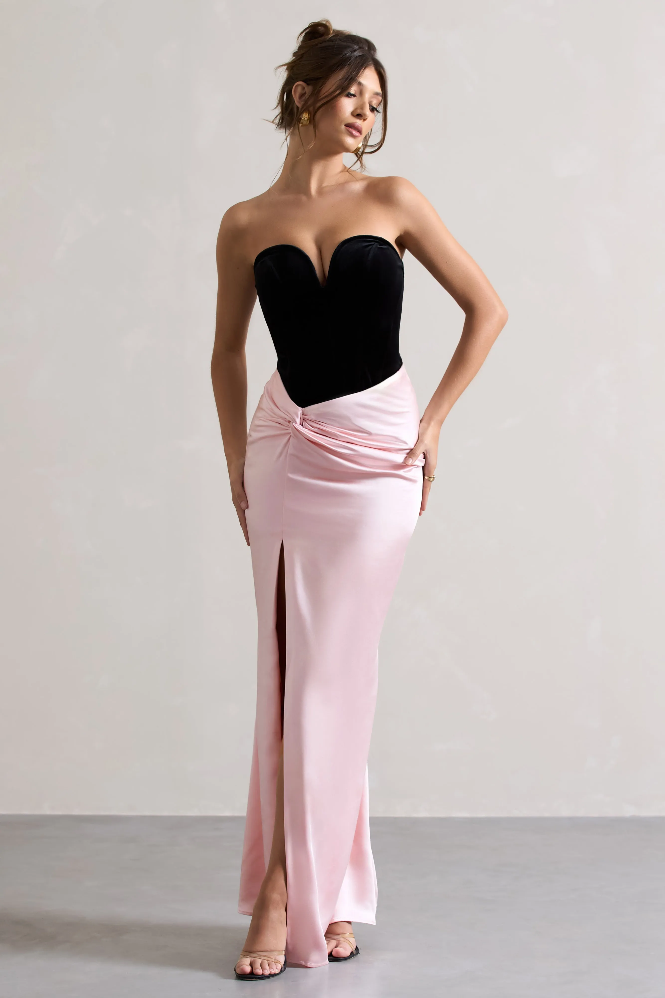 Bethany | Black & Pink Corseted Wrap Maxi Dress sold by Club L London
