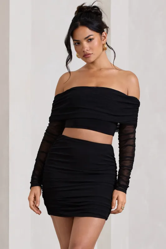 Rule Breaker | Black Ruched Mesh Bardot Crop Top sold by Club L London