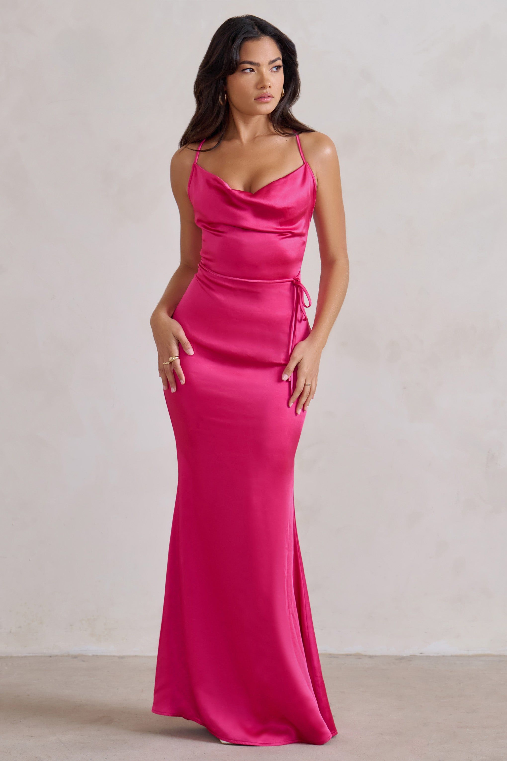 Lifetime | Fuchsia Pink Satin Cowl Neck Maxi Dress With Cross Back Detail sold by Club L London