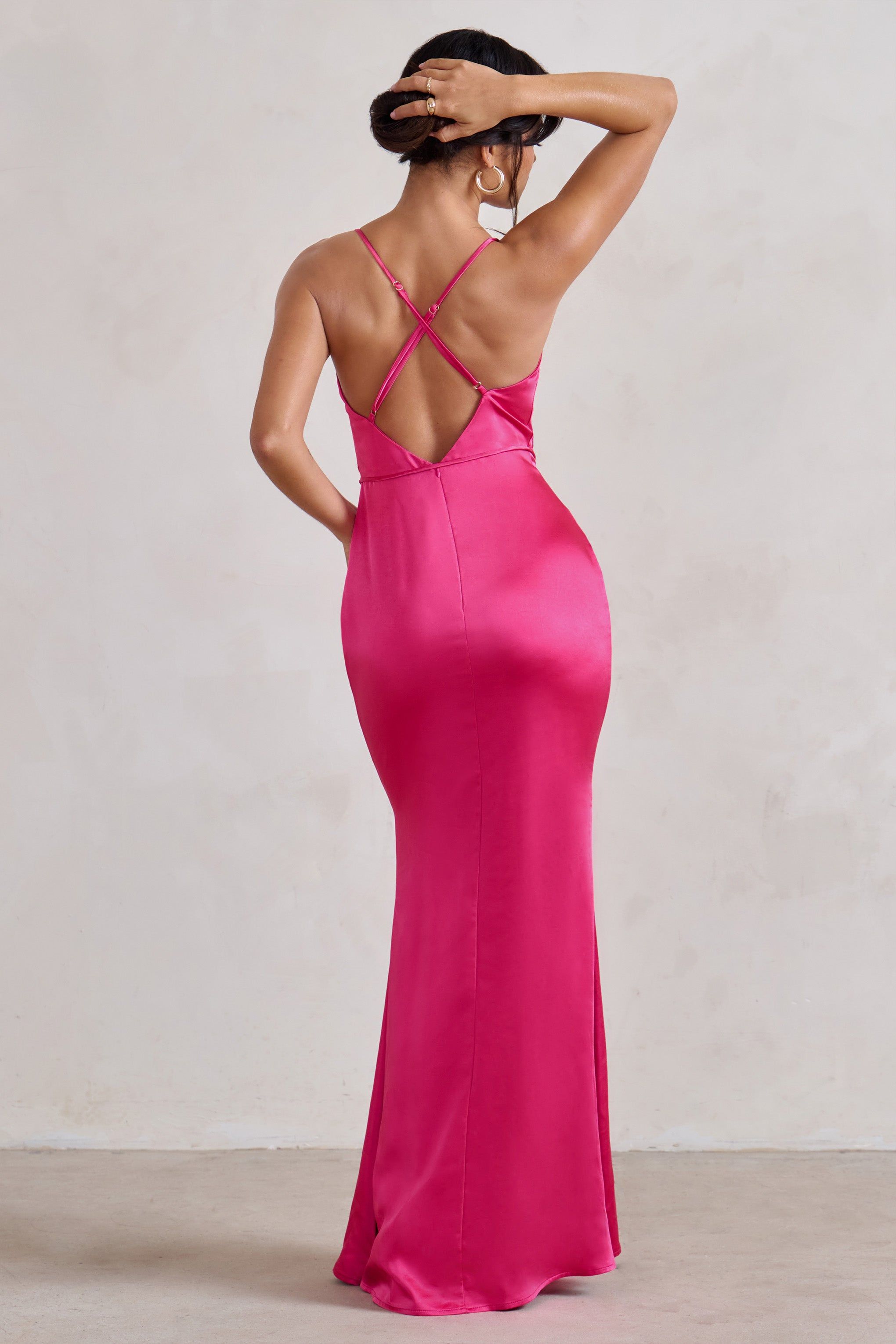 Lifetime | Fuchsia Pink Satin Cowl Neck Maxi Dress With Cross Back Detail sold by Club L London product image thumbnail 2