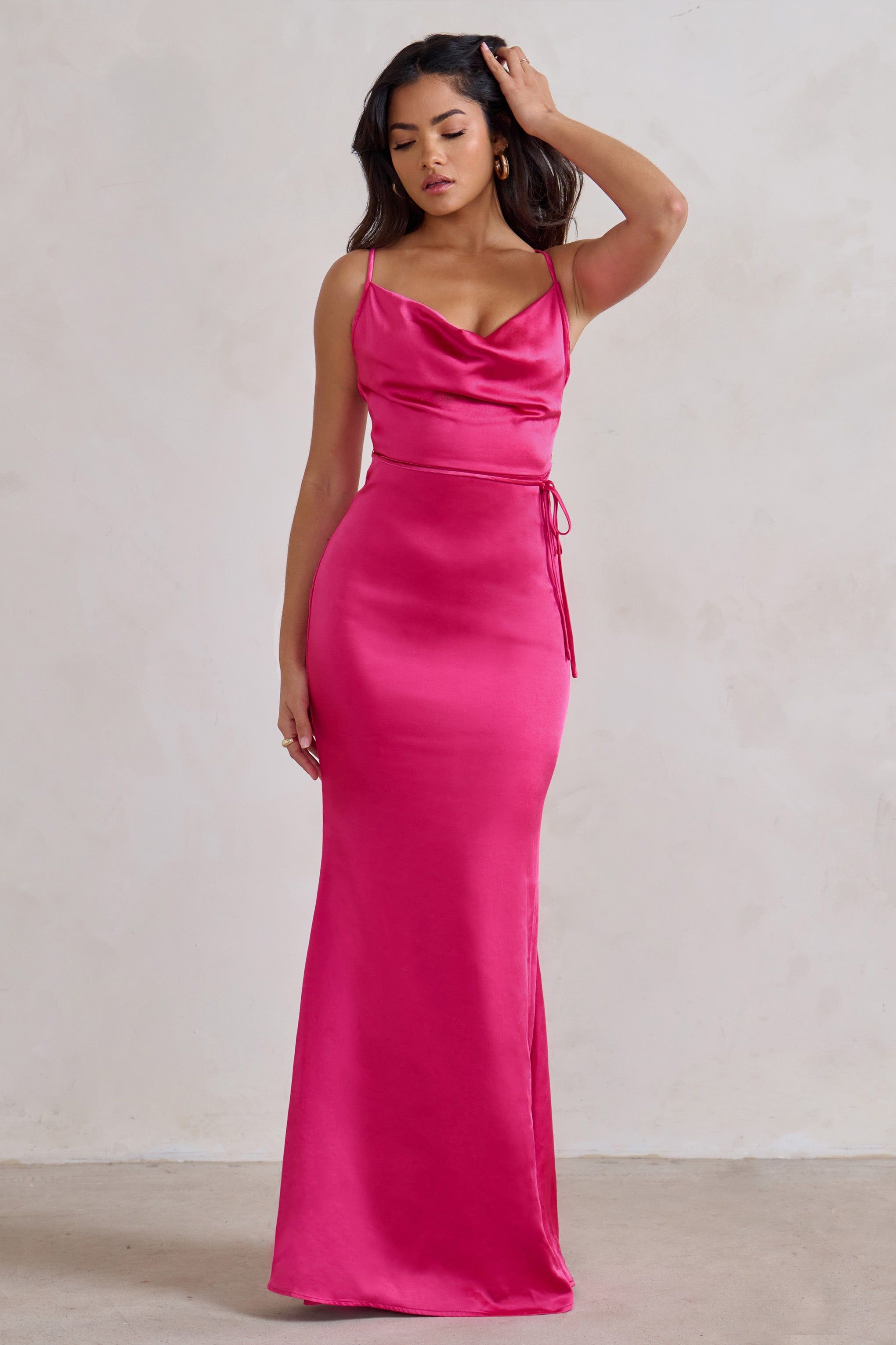 Lifetime | Fuchsia Pink Satin Cowl Neck Maxi Dress With Cross Back Detail sold by Club L London product image thumbnail 4