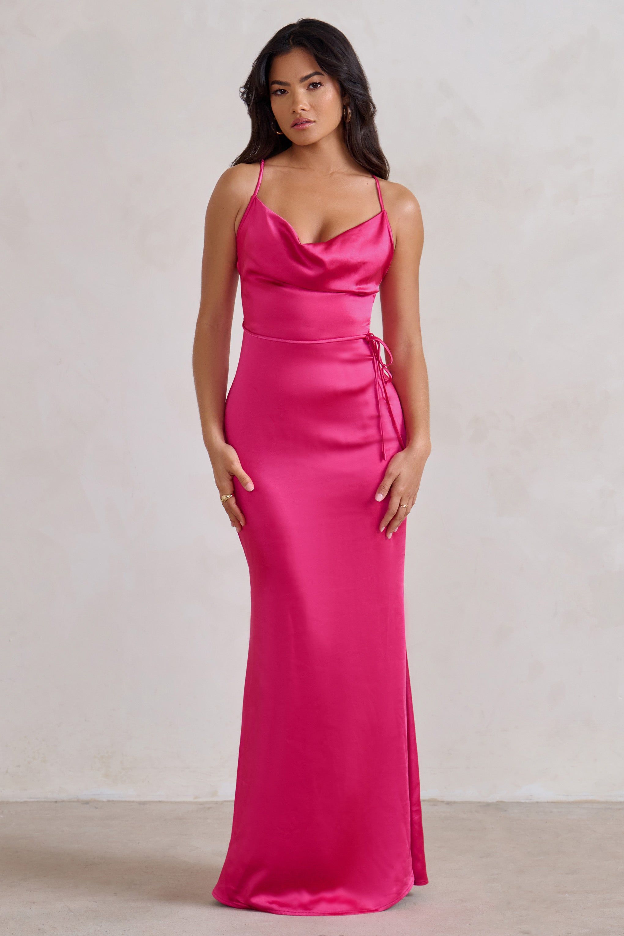 Lifetime | Fuchsia Pink Satin Cowl Neck Maxi Dress With Cross Back Detail sold by Club L London product image thumbnail 3