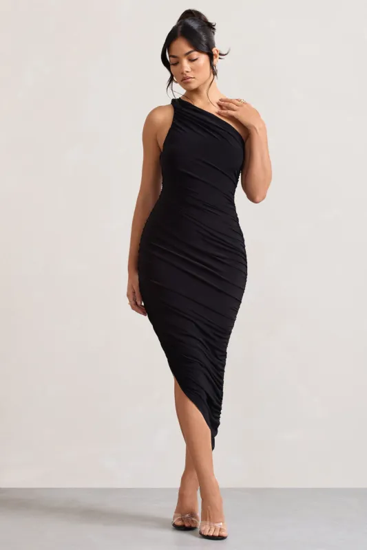 Dorit | Black One Shoulder Asymmetric Ruched Midi Dress sold by Club L London