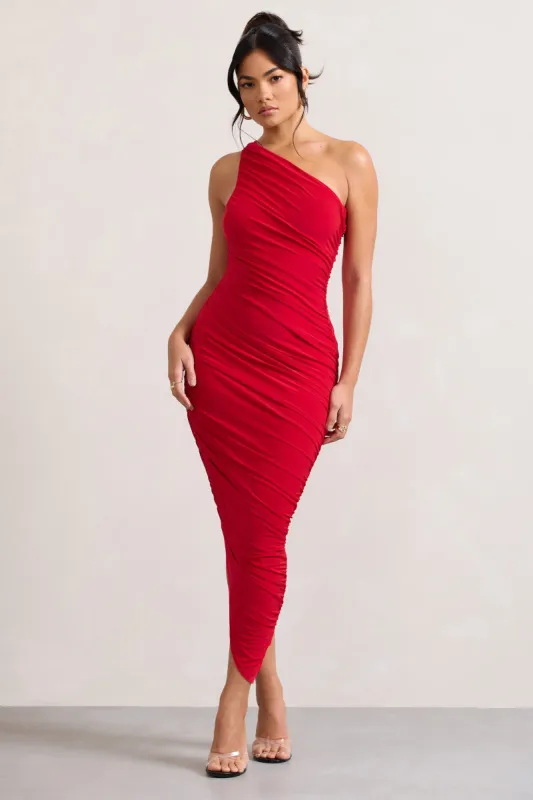cold shoulder asymmetric ruched midaxi dress in dark red Shaya Asymmetric Scarf-Detail Midaxi Dress in True Red Oh Polly AU