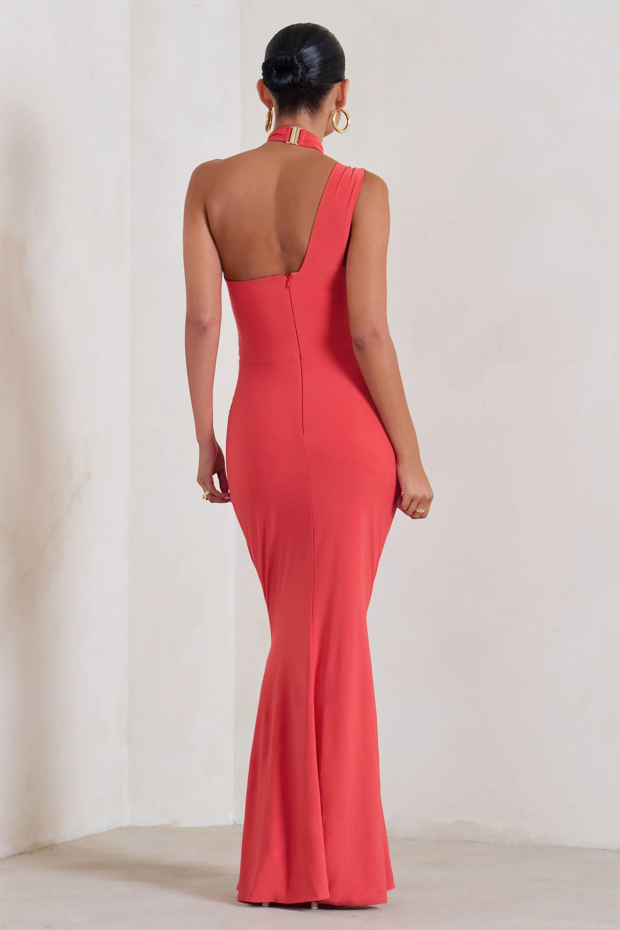 Alba | Coral Maternity Halter Asymmetric Maxi Dress with Cut Out sold by Club L London product image thumbnail 3