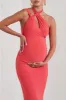 Alba | Coral Maternity Halter Asymmetric Maxi Dress with Cut Out sold by Club L London