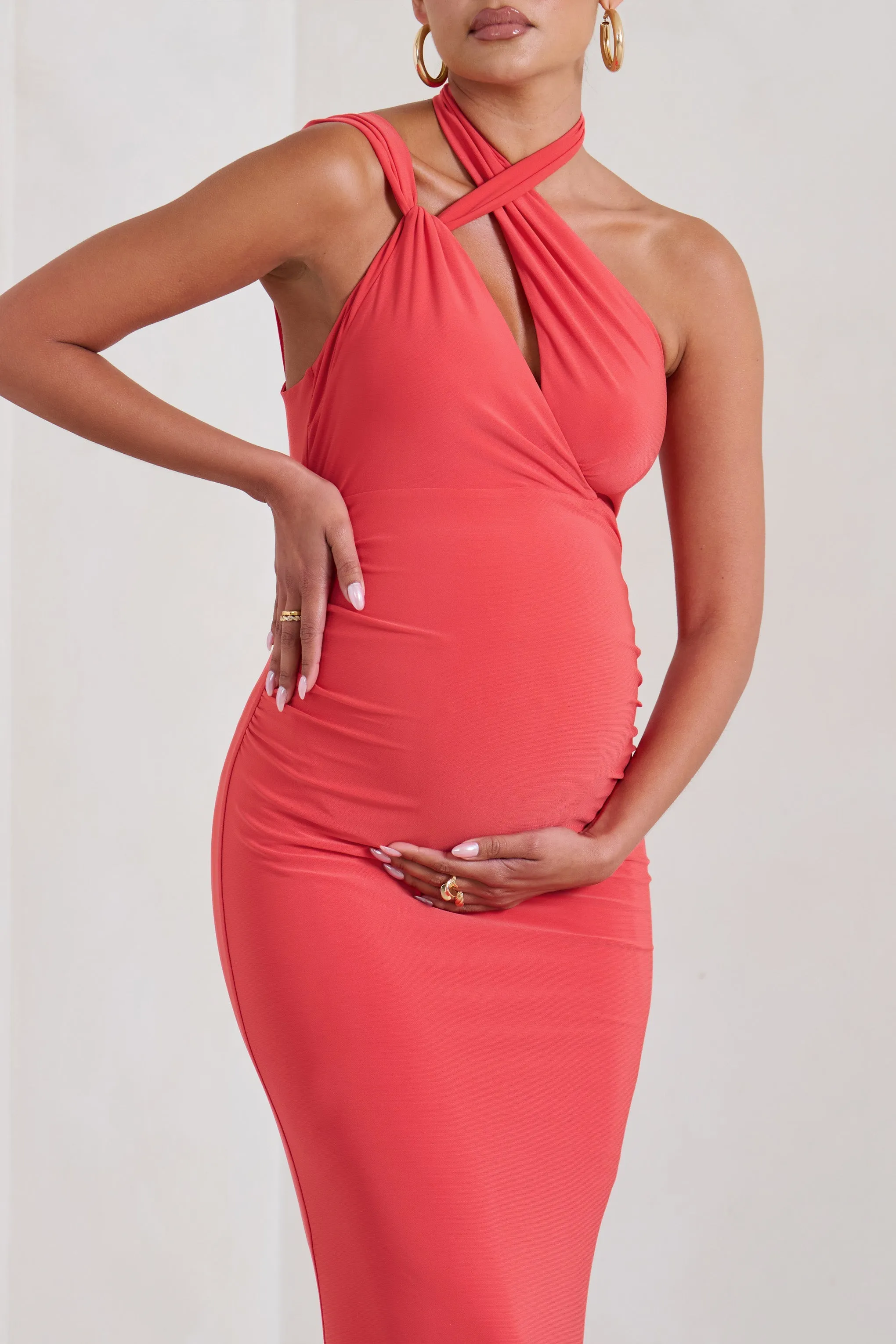 Alba | Coral Maternity Halter Asymmetric Maxi Dress with Cut Out sold by Club L London product image thumbnail 2