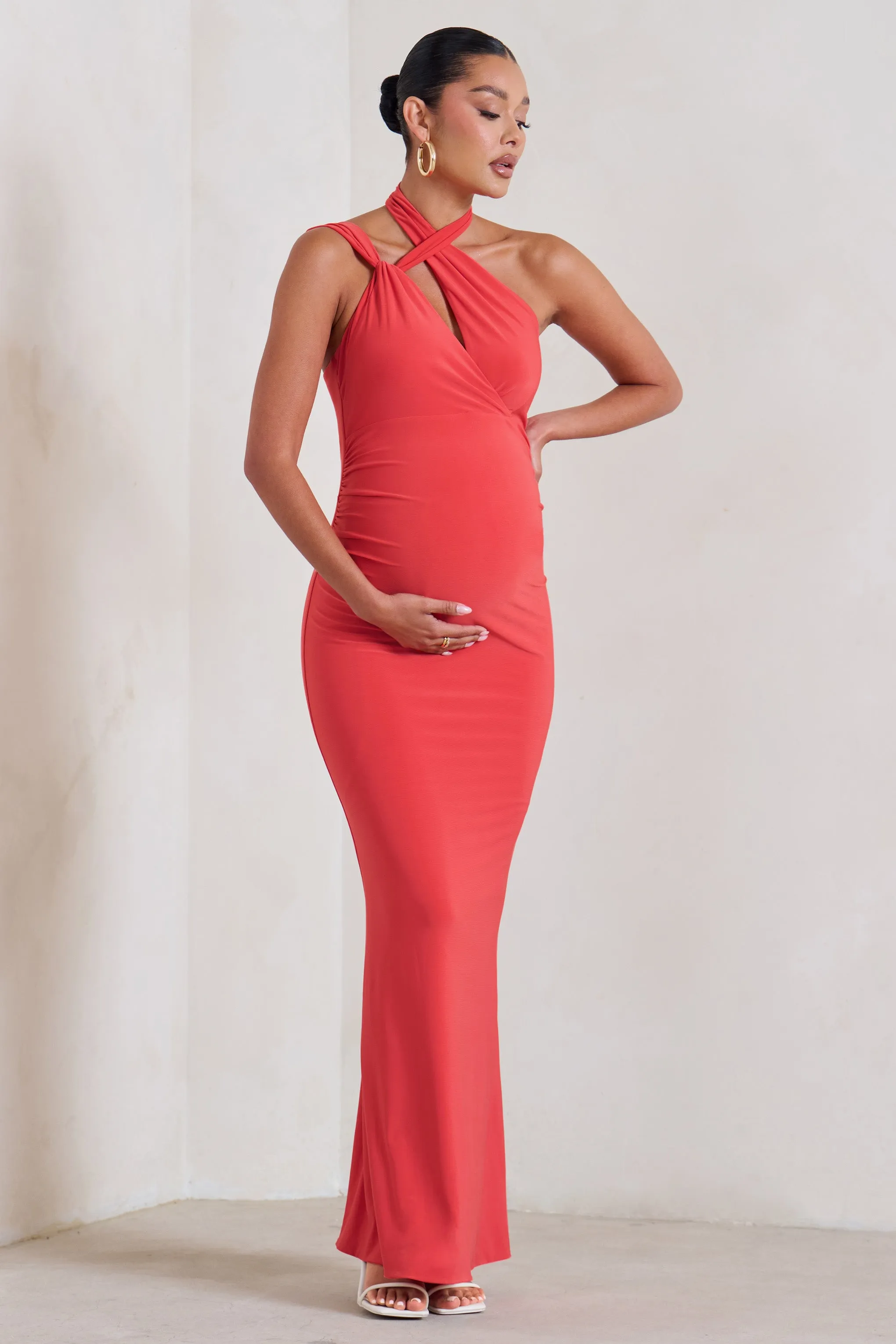 Alba | Coral Maternity Halter Asymmetric Maxi Dress with Cut Out sold by Club L London product image thumbnail 4