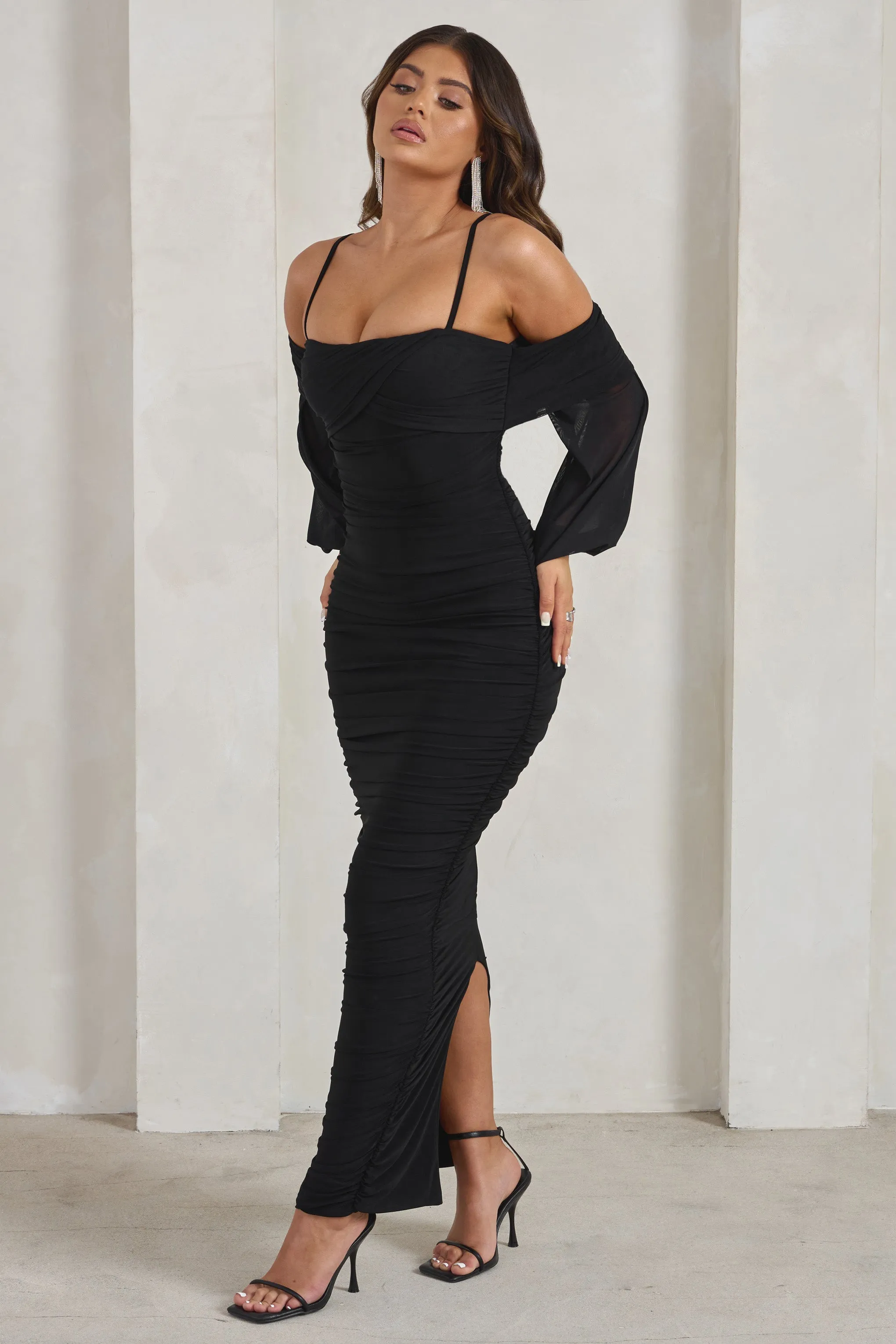 Announcement | Black Bardot Mesh Ruched Maxi Dress sold by Club L London product image thumbnail 5