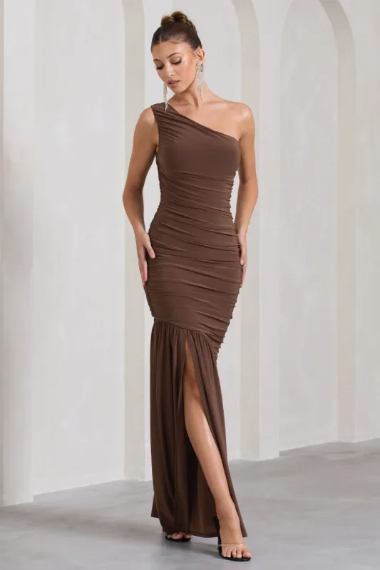 The Limelight | Chocolate One Shoulder Ruched  Maxi Dress sold by Club L London