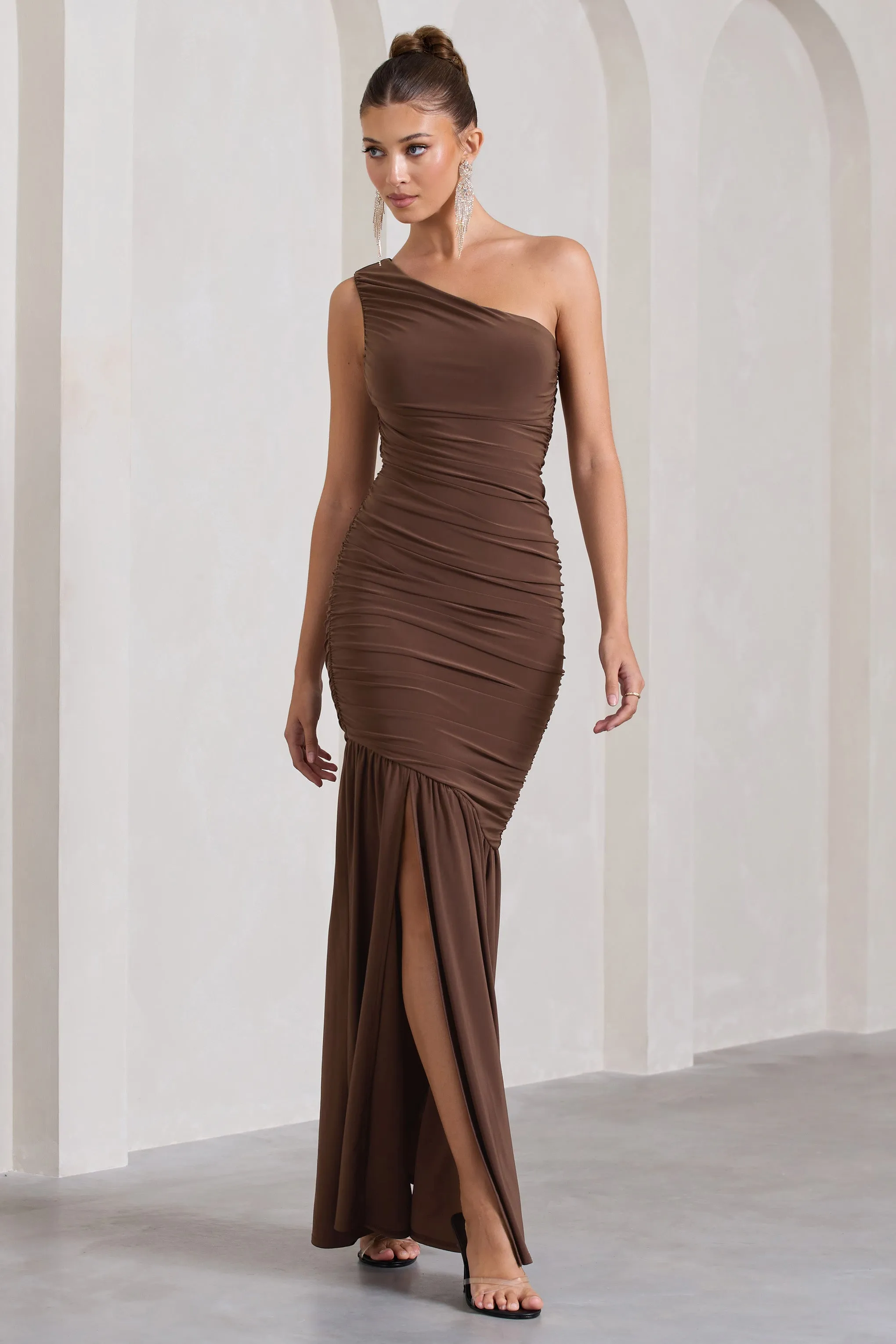 The Limelight | Chocolate One Shoulder Ruched Maxi Dress sold by Club L London product image thumbnail 4
