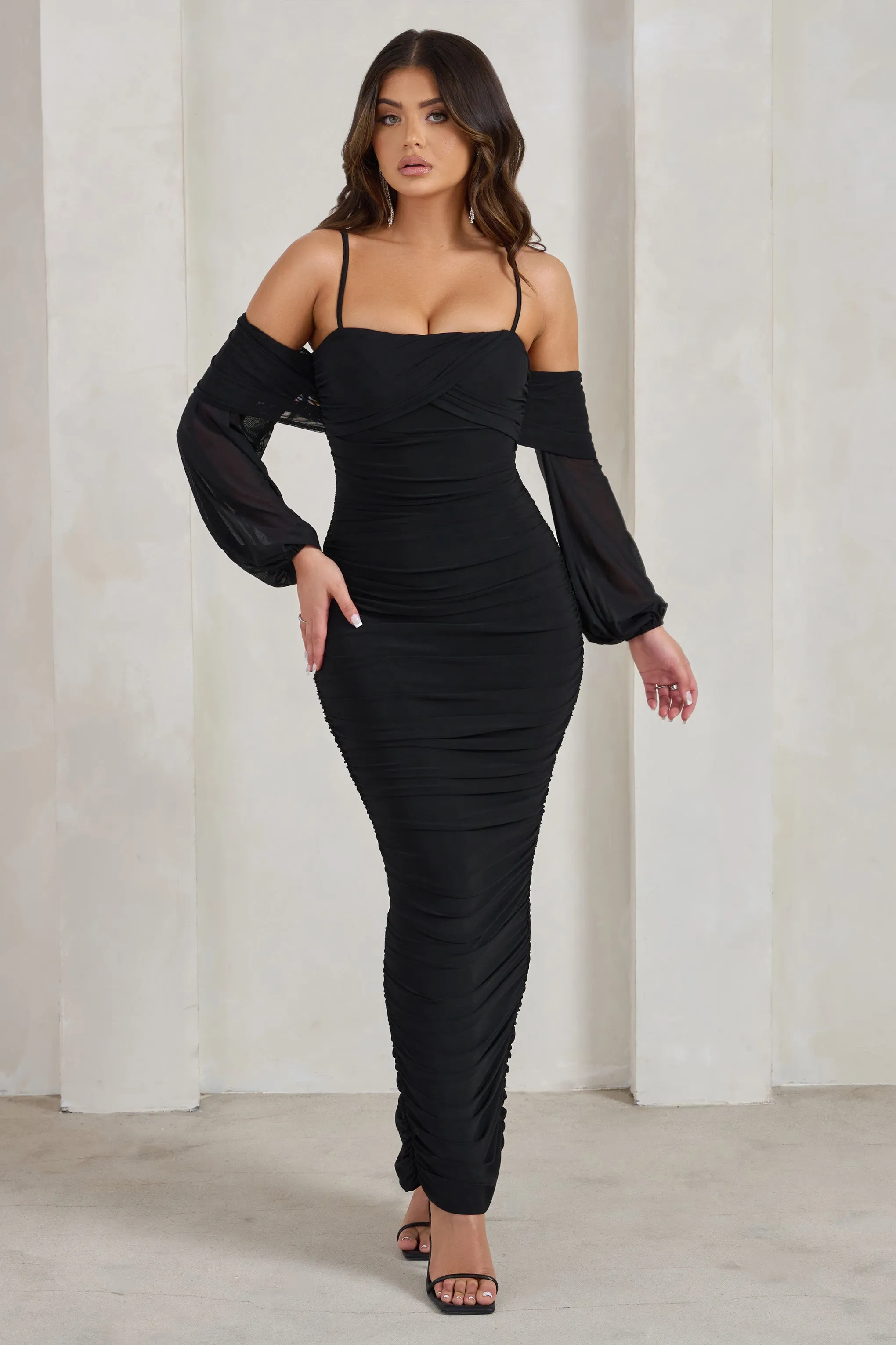 Announcement | Black Bardot Mesh Ruched Maxi Dress sold by Club L London product image thumbnail 4