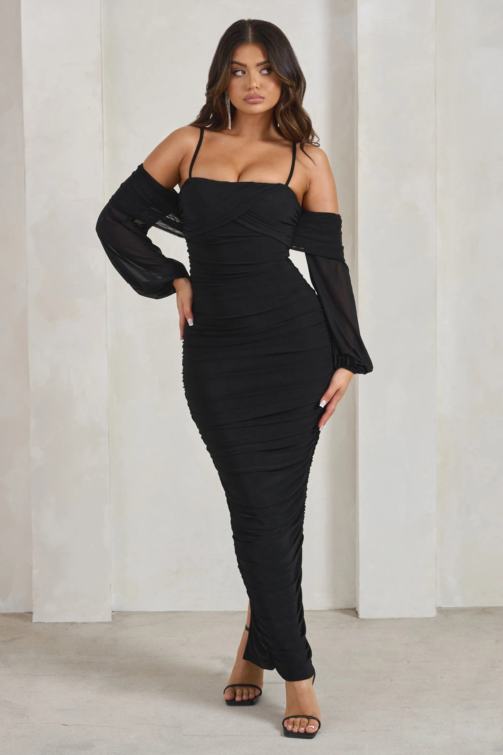 Announcement | Black Bardot Mesh Ruched Maxi Dress sold by Club L London