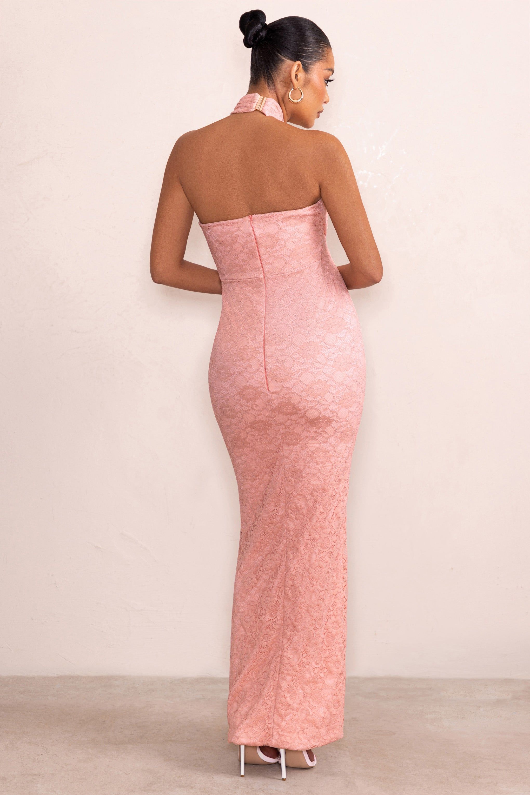 Zora | Blush Pink Halter Neck Maternity Maxi Dress with Keyhole Cut Out sold by Club L London product image thumbnail 2