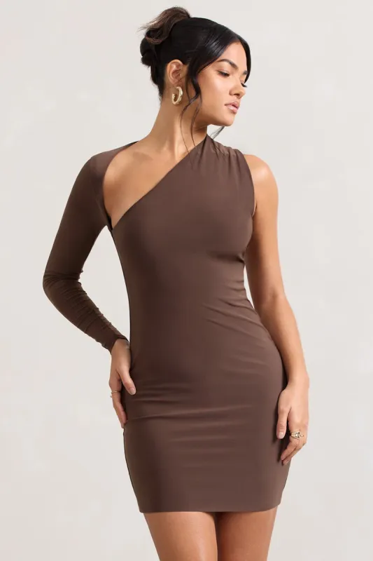 Siren | Chocolate One Shoulder Bodycon Mini Dress sold by Club L London