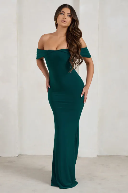 Gabrielle | Green Bardot Neckline With Drape Sleeves Maxi Dress sold by Club L London
