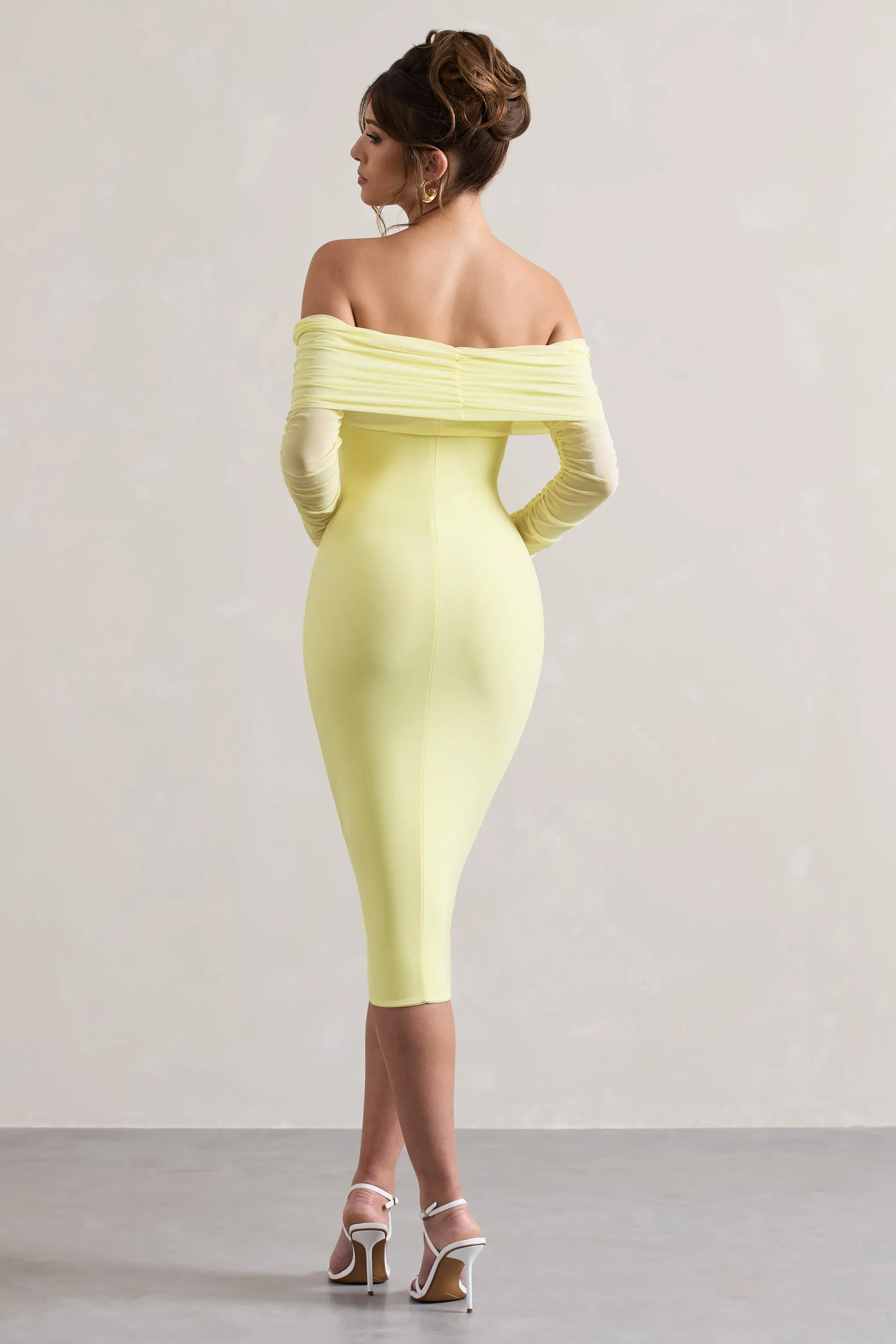 Only You | Lemon Ruched Mesh Bardot Midi Dress sold by Club L London product image thumbnail 2