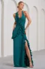 Morning | Bottle Green Ruffled Halter-Neck Split Maxi Dress sold by Club L London
