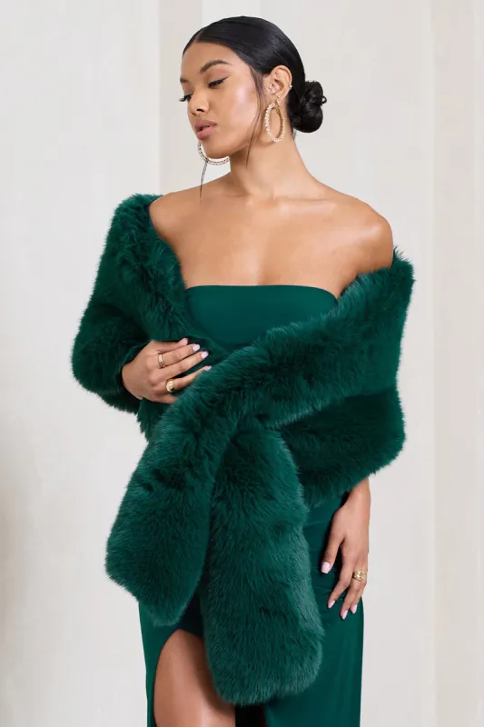 Softly | Green Faux Fur Pull-Through Shawl sold by Club L London
