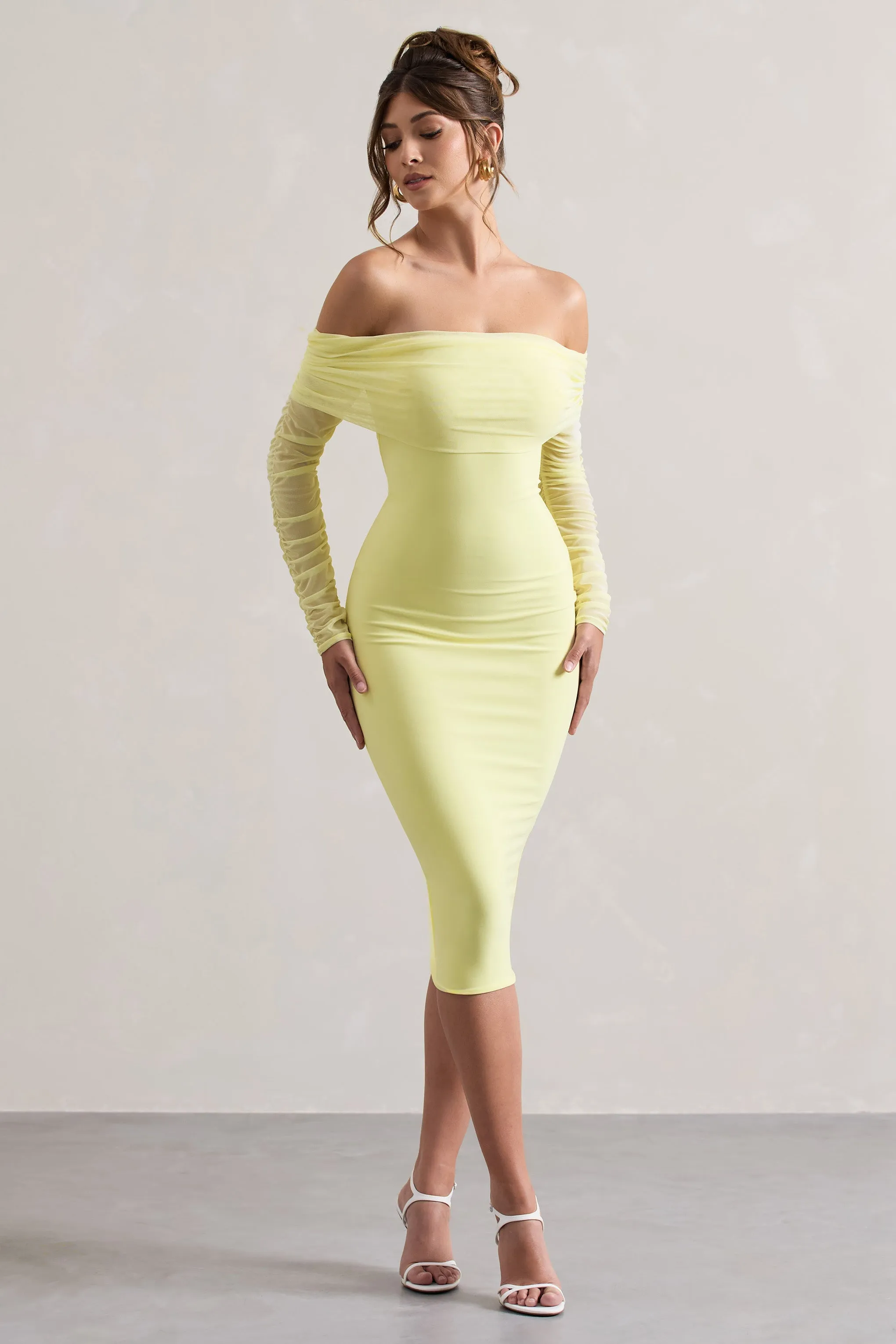 Only You | Lemon Ruched Mesh Bardot Midi Dress sold by Club L London product image thumbnail 5