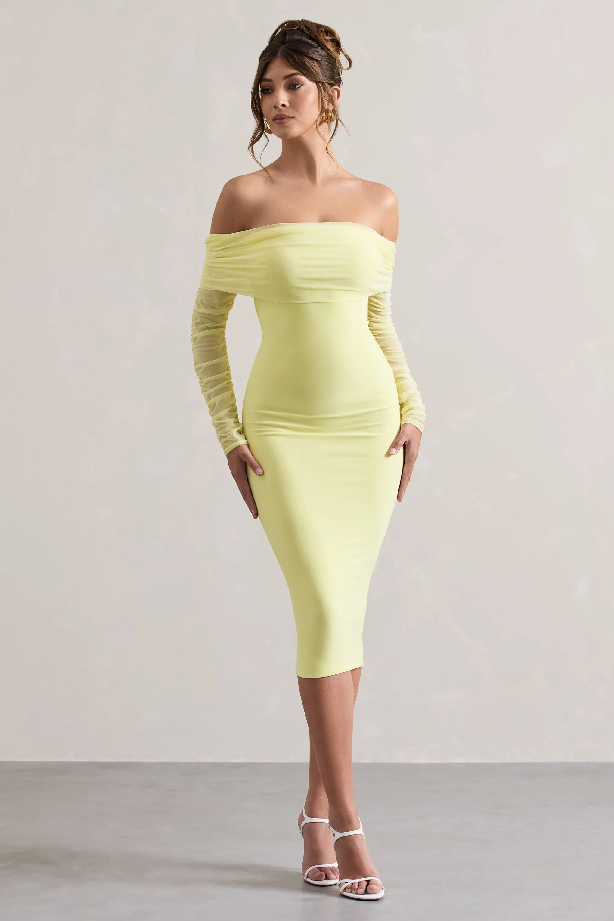Only You | Lemon Ruched Mesh Bardot Midi Dress sold by Club L London product image thumbnail 4