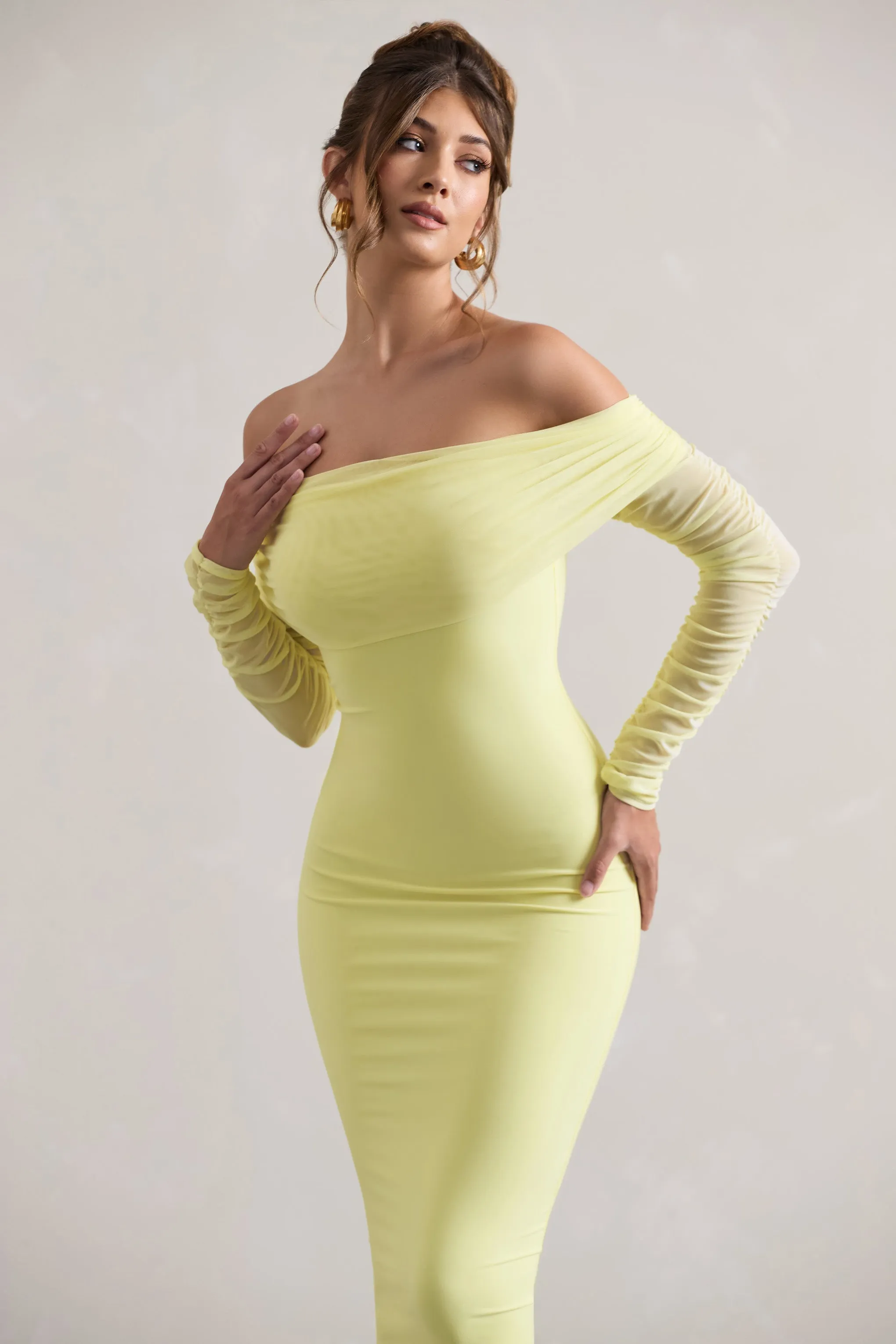 Only You | Lemon Ruched Mesh Bardot Midi Dress sold by Club L London product image thumbnail 3
