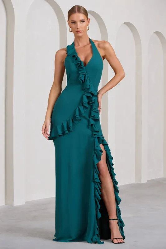 Morning | Bottle Green Ruffled Halter-Neck Split Maxi Dress sold by Club L London