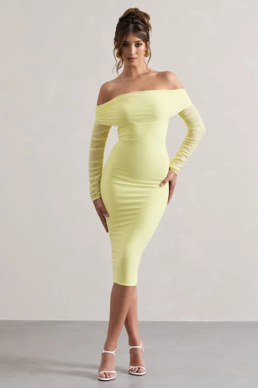 Only You | Lemon Ruched Mesh Bardot Midi Dress sold by Club L London
