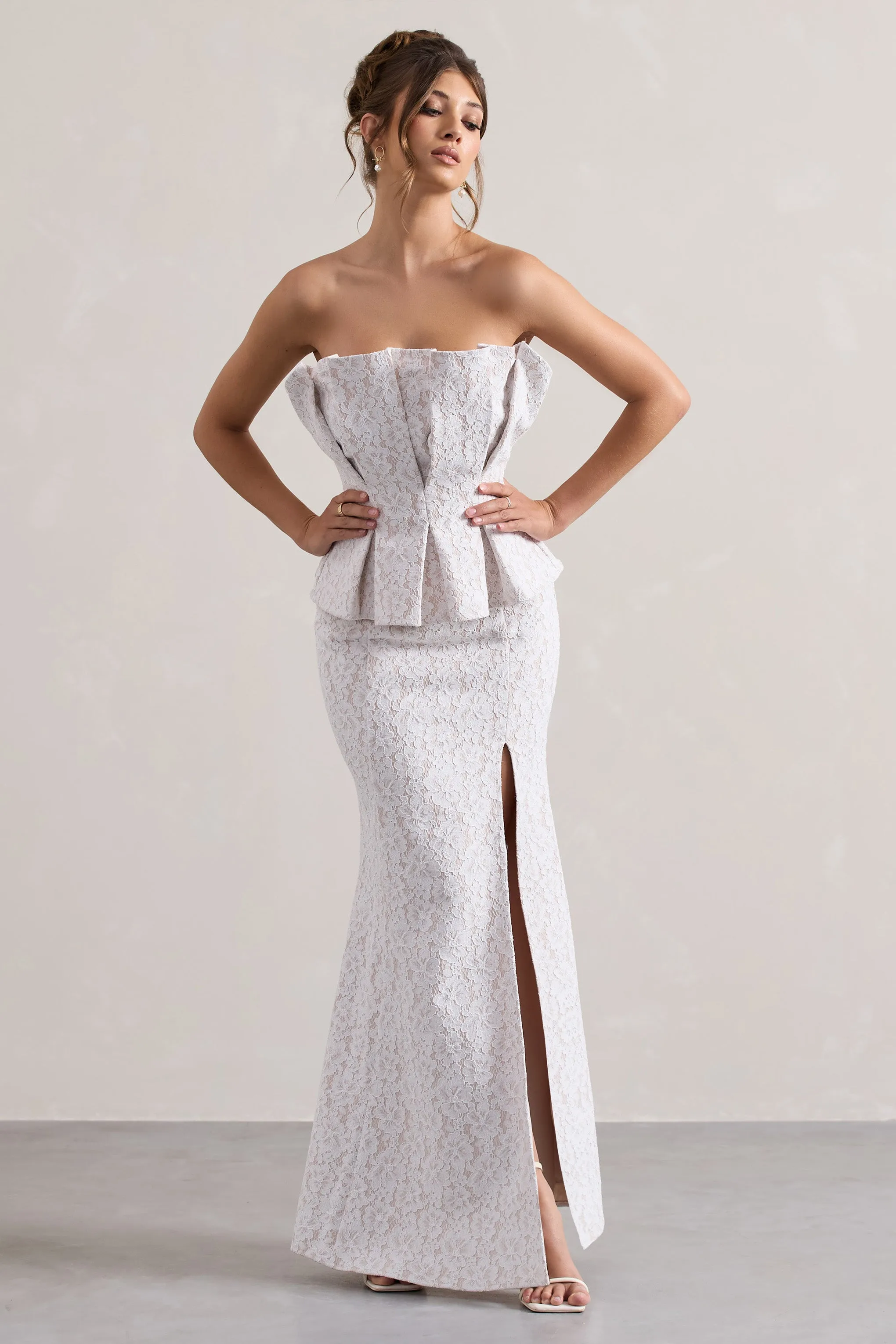 Kaleido | White Lace Strapless Ruffled Split Maxi Dress sold by Club L London product image thumbnail 4