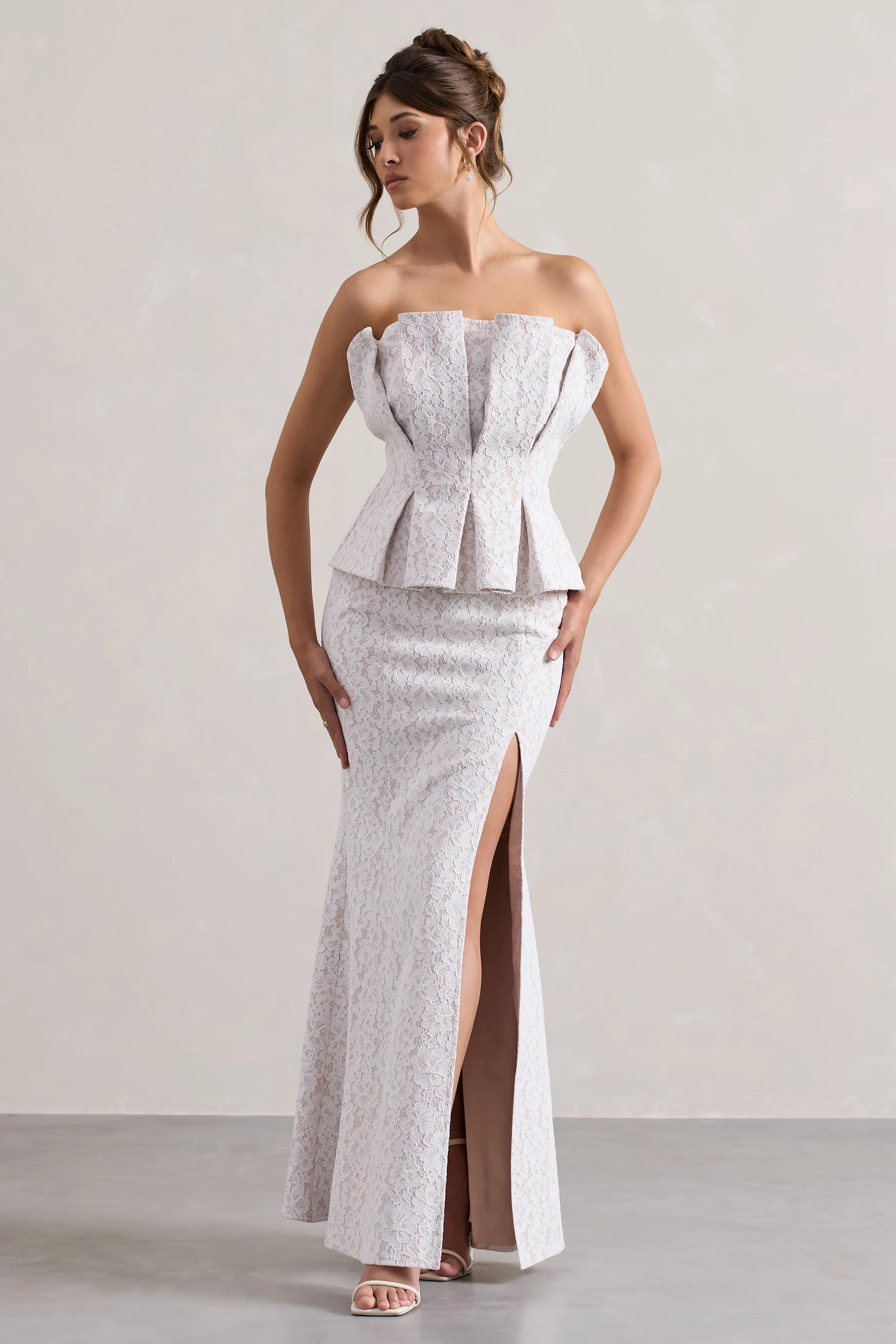 Kaleido | White Lace Strapless Ruffled Split Maxi Dress sold by Club L London