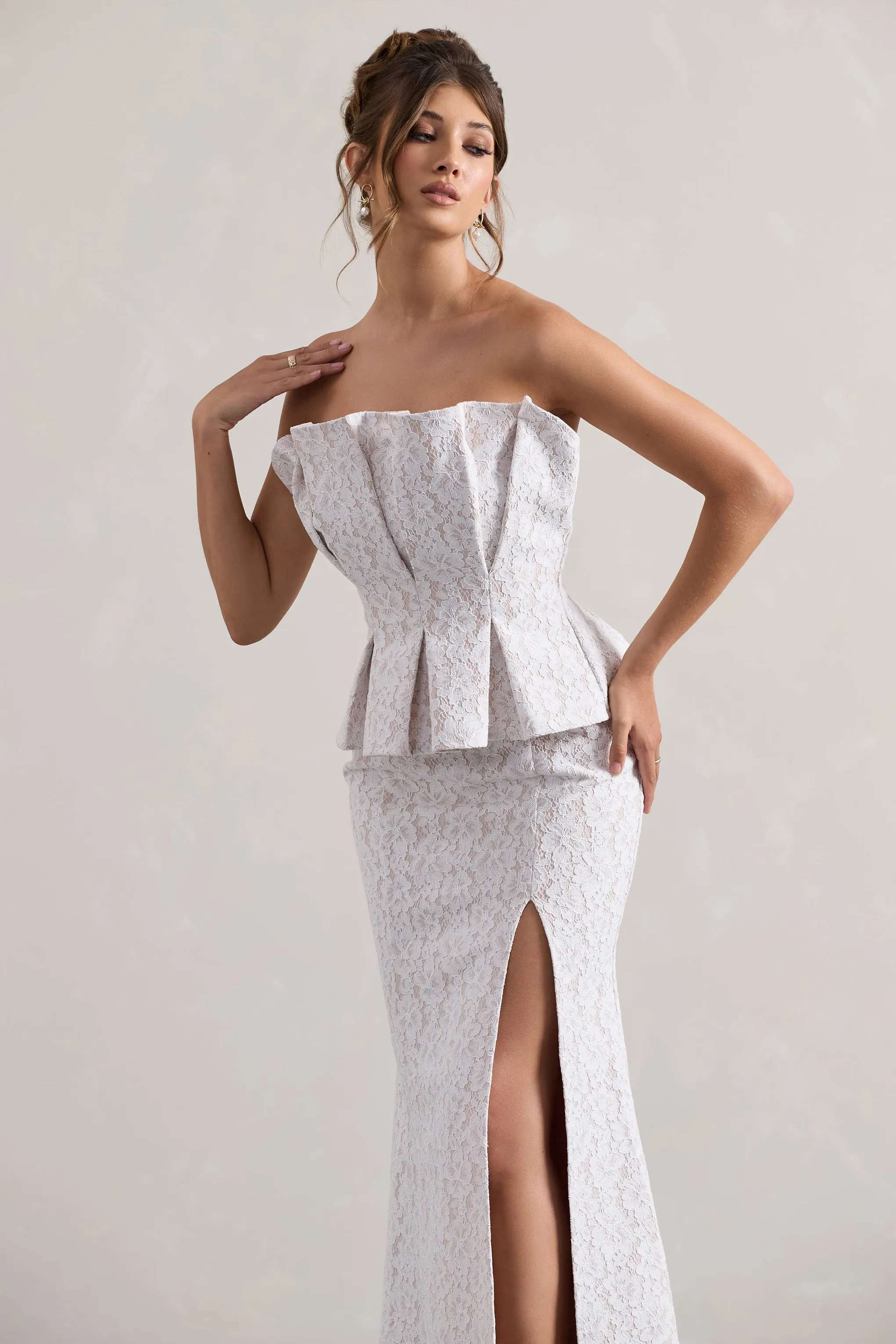 Kaleido | White Lace Strapless Ruffled Split Maxi Dress sold by Club L London product image thumbnail 3