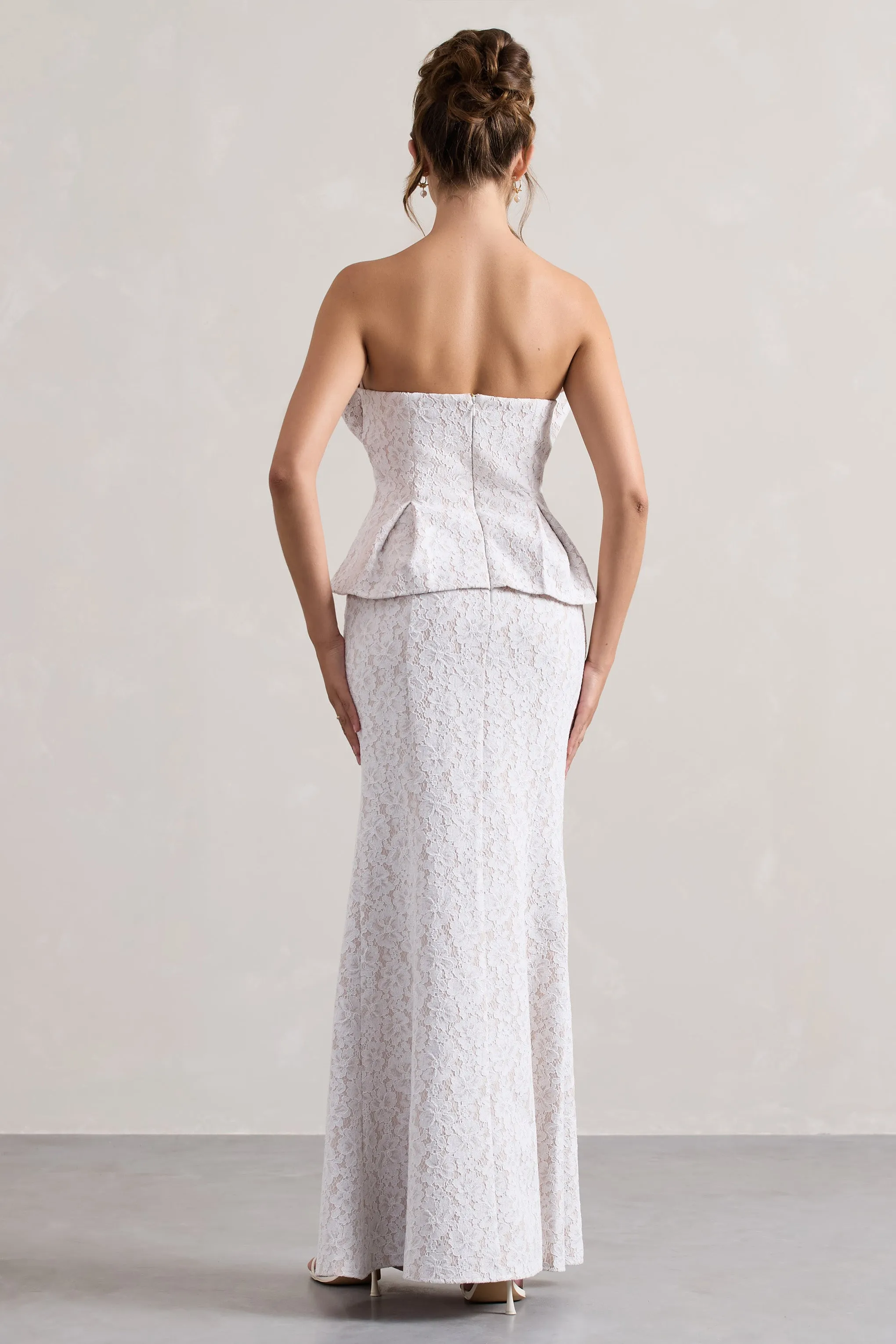 Kaleido | White Lace Strapless Ruffled Split Maxi Dress sold by Club L London product image thumbnail 2