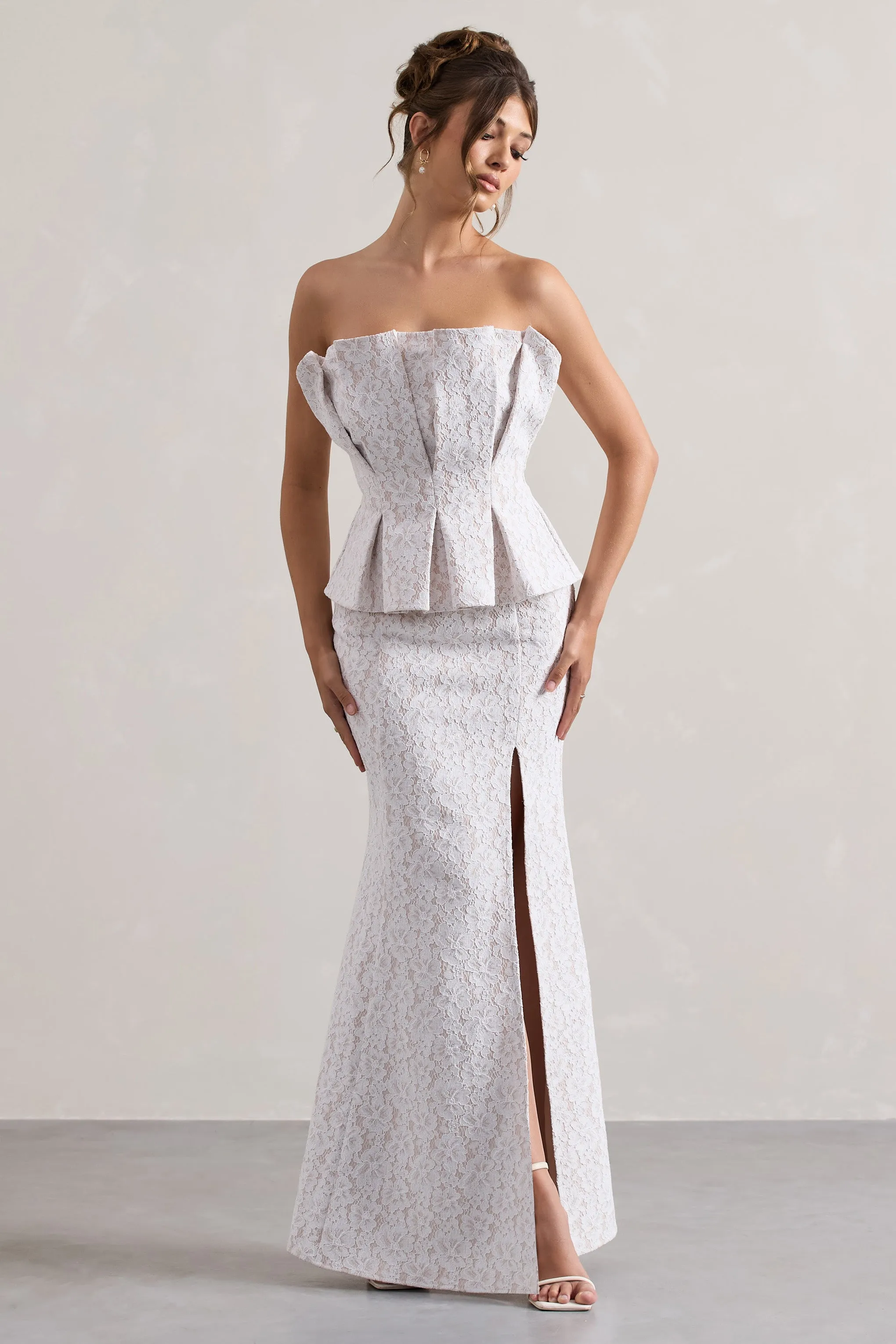 Kaleido | White Lace Strapless Ruffled Split Maxi Dress sold by Club L London product image thumbnail 5