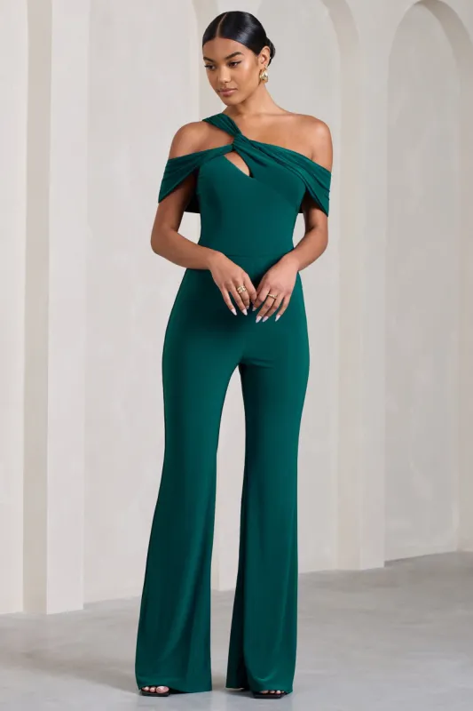 Striking | Bottle Green Strappy Asymmetric Flared-Leg Jumpsuit sold by Club L London