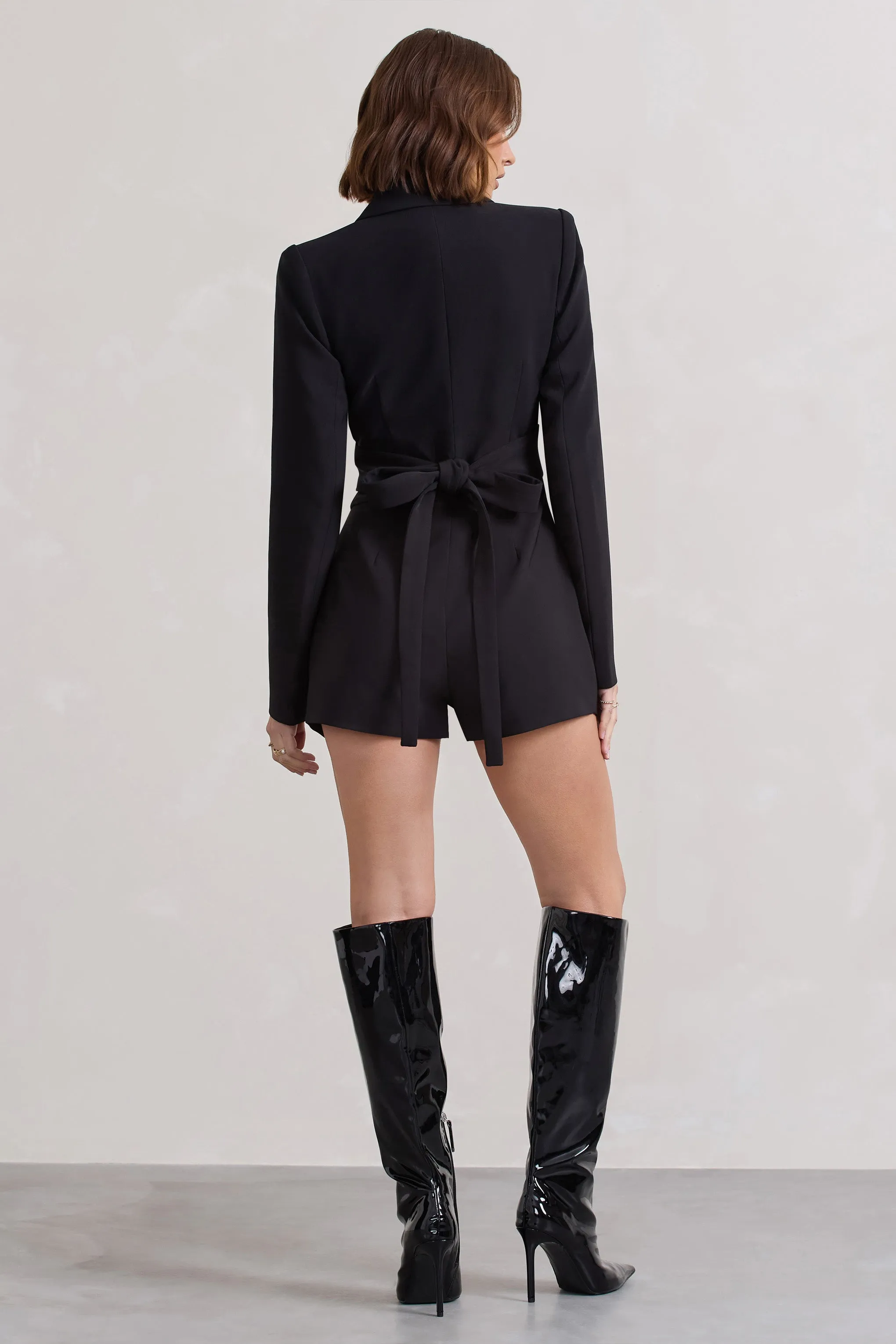 Madison | Black Plunge Tie Waist Tailored Playsuit sold by Club L London product image thumbnail 3