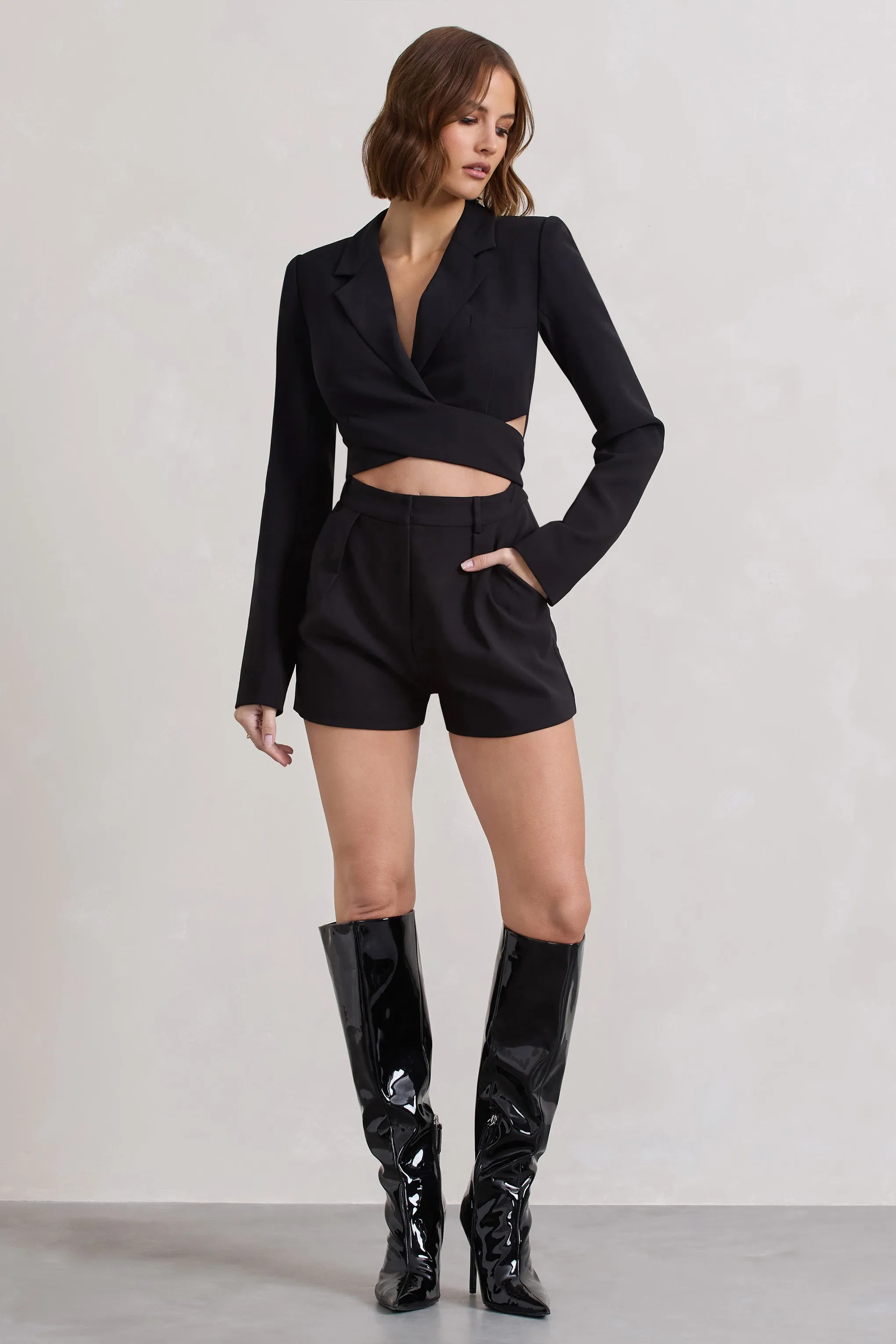 Madison | Black Plunge Tie Waist Tailored Playsuit sold by Club L London product image thumbnail 2