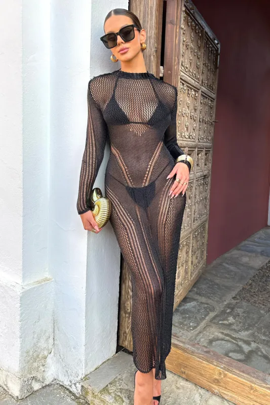 Caribbean | Black Crochet Long-Sleeve Split Maxi Dress made by Club L London