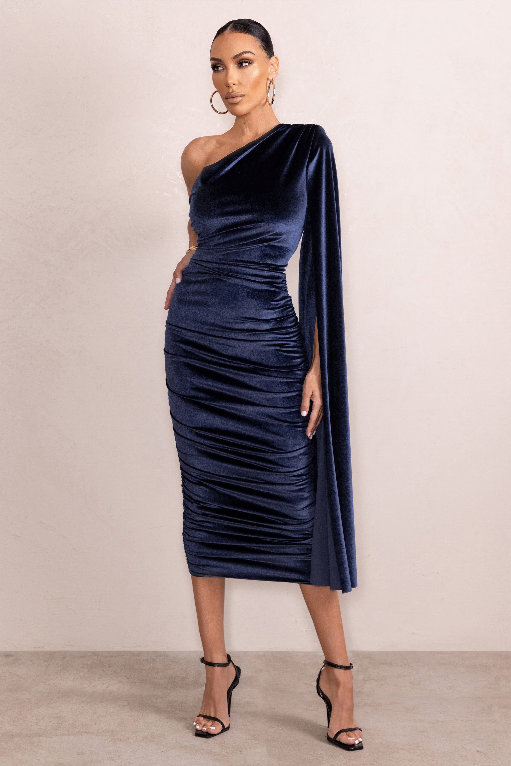 Gloria | Navy Velvet One Shoulder Cape Bodycon Midi Dress sold by Club L London product image thumbnail 4
